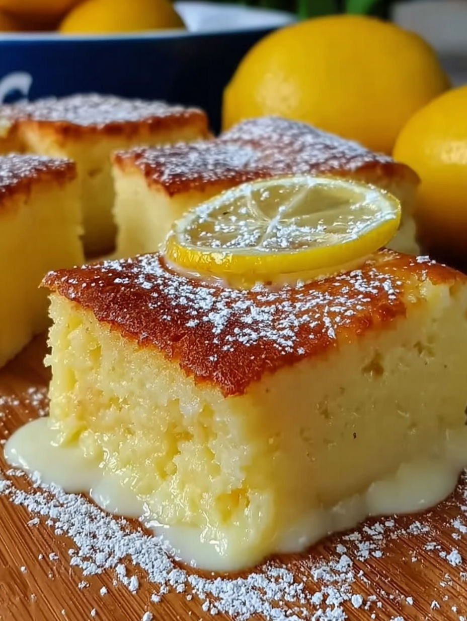 A slice of lemon custard cake with powdered sugar on top.