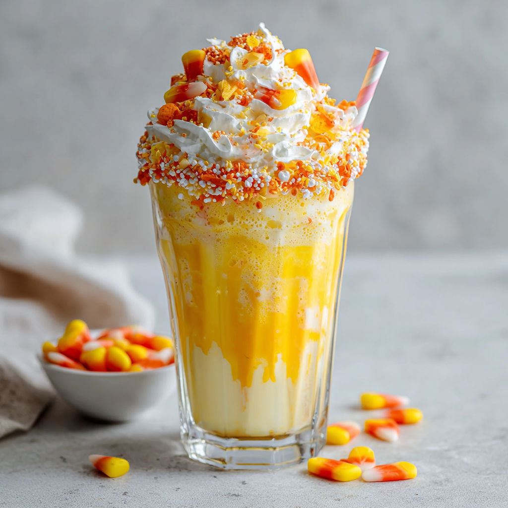 A glass of candy corn milkshake.