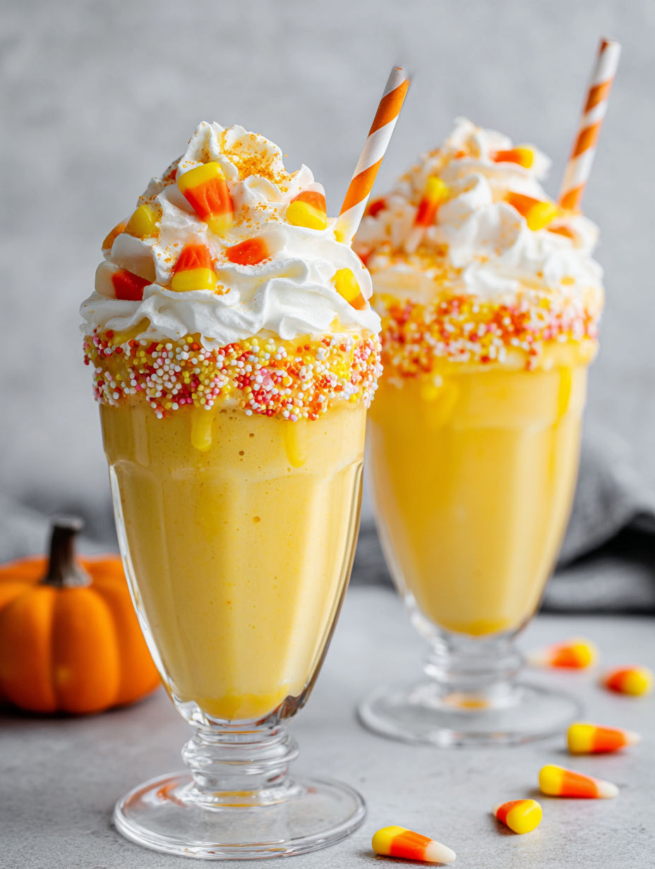 Two glasses of candy corn milkshake.