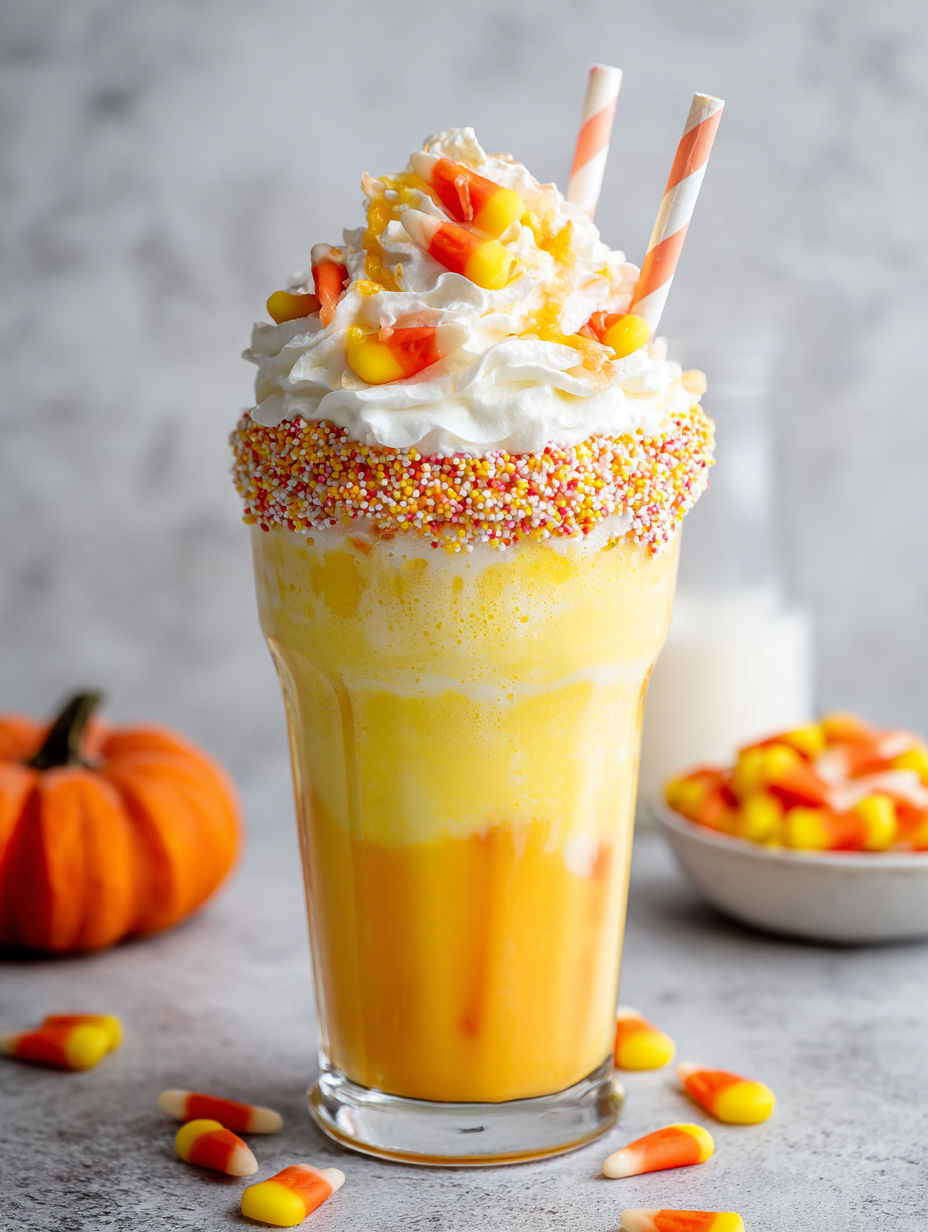 A glass of candy corn milkshake with a straw.