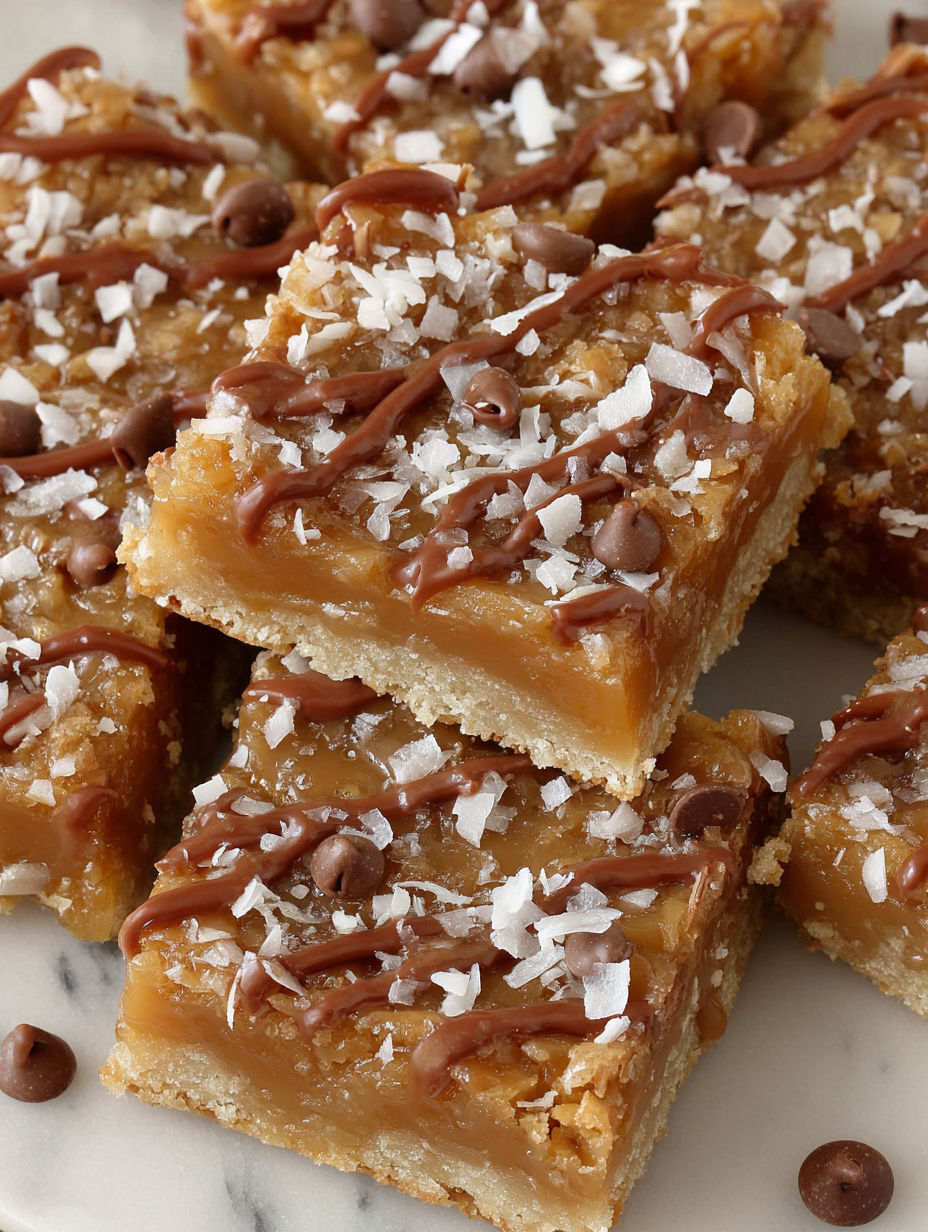 A close up of a delicious caramel coconut bar.