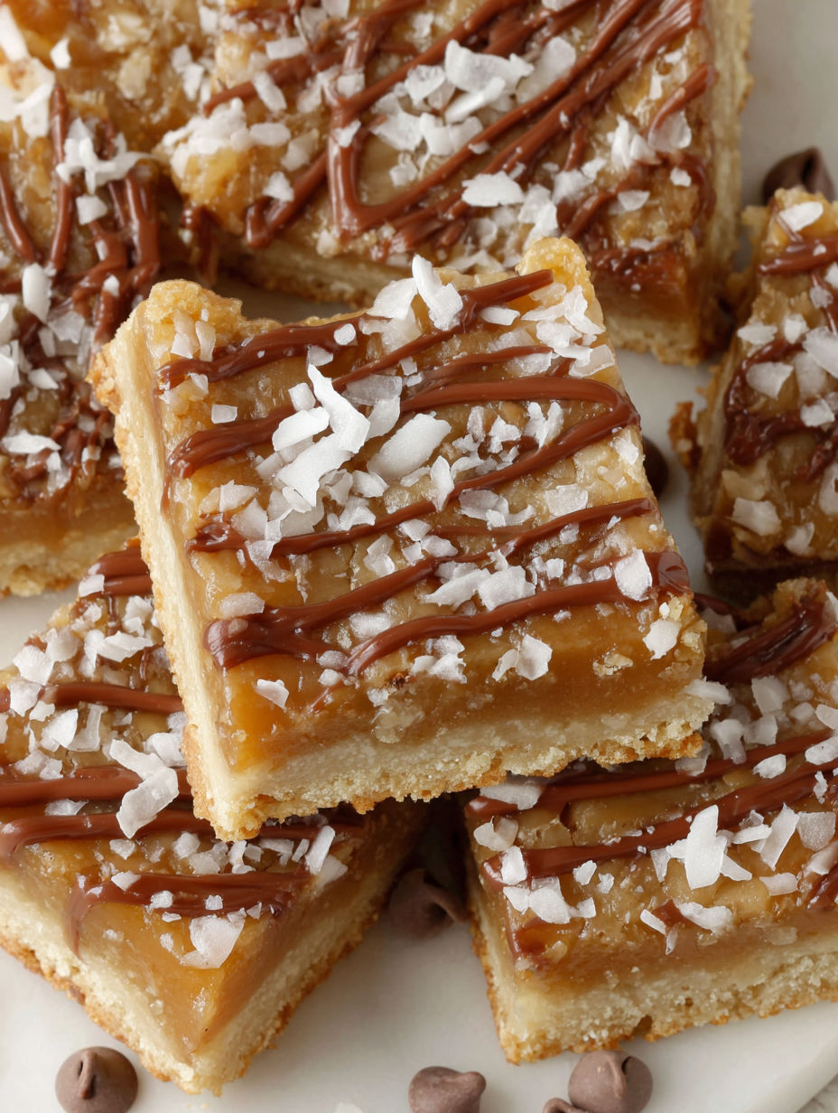 A close up of a delicious caramel coconut bar.