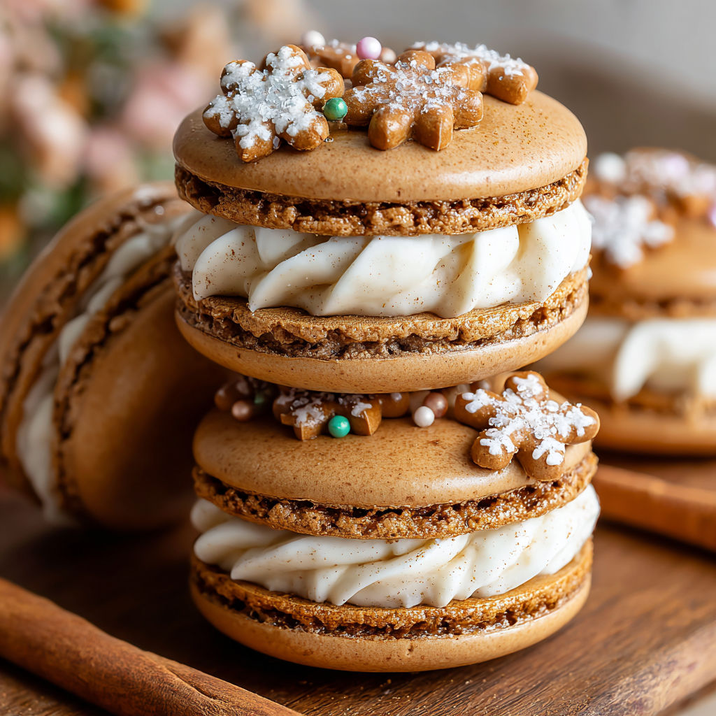 Gingerbread macarons stacked on a wooden table.