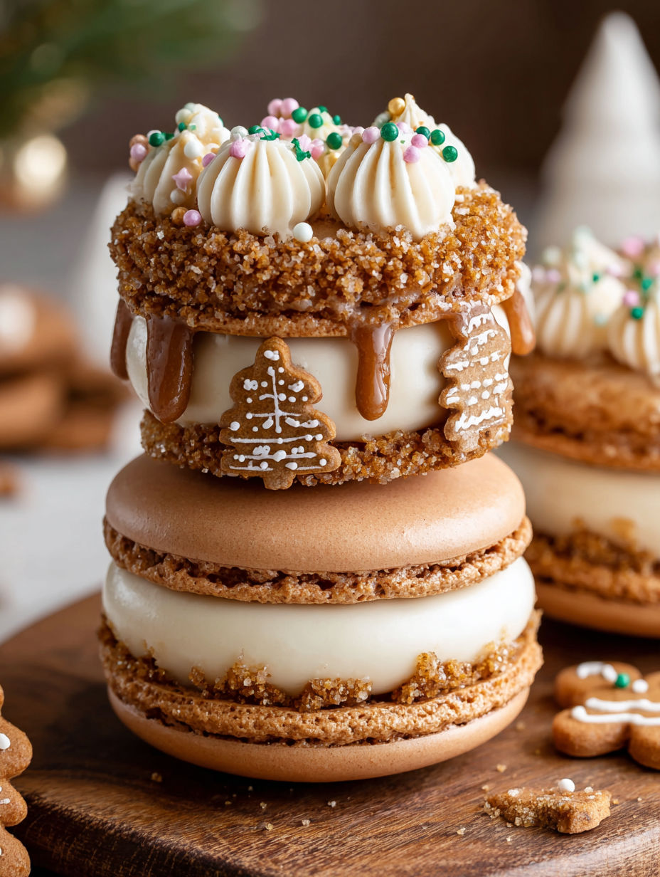 A stack of gingerbread macarons with white icing.