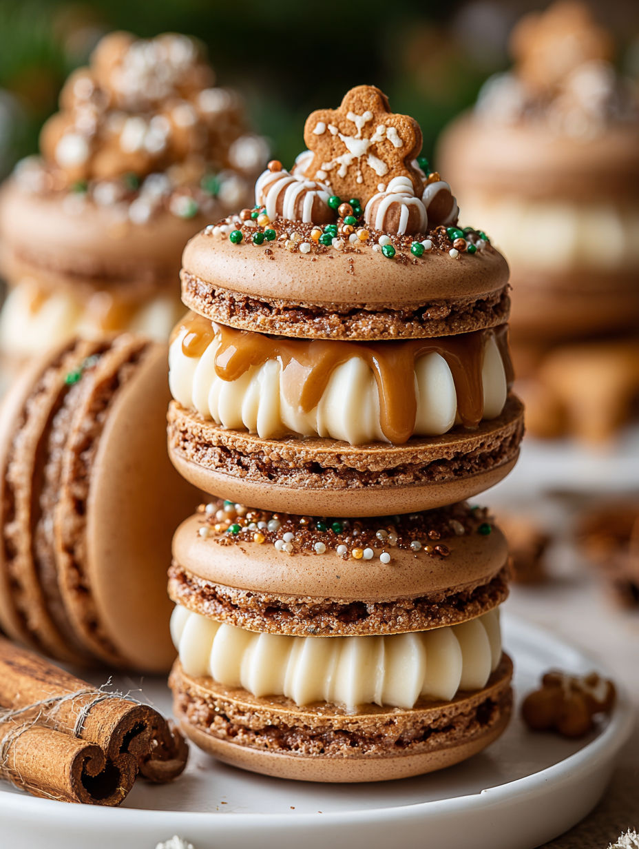 A stack of gingerbread macarons.
