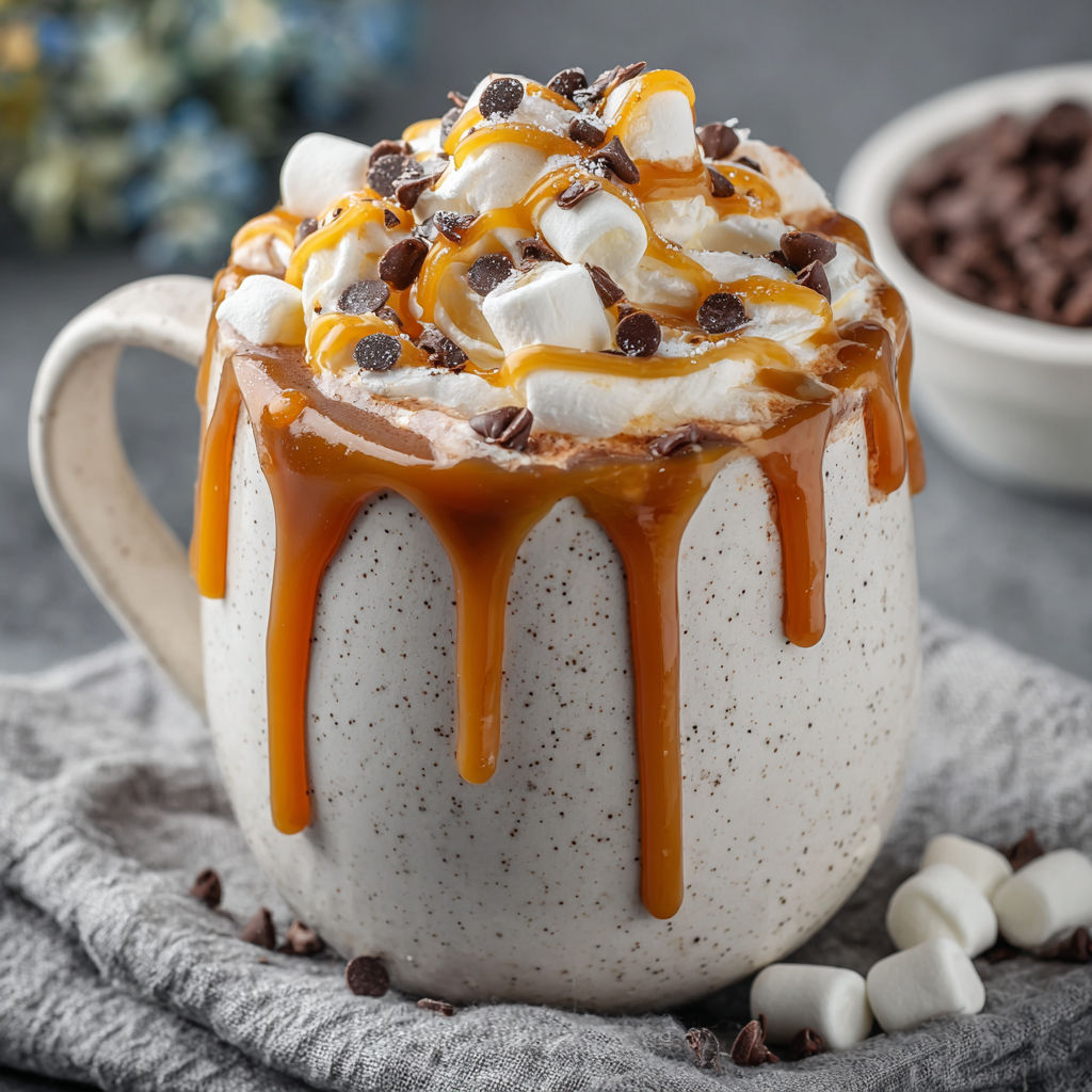 A cup of caramel marshmallow hot chocolate.