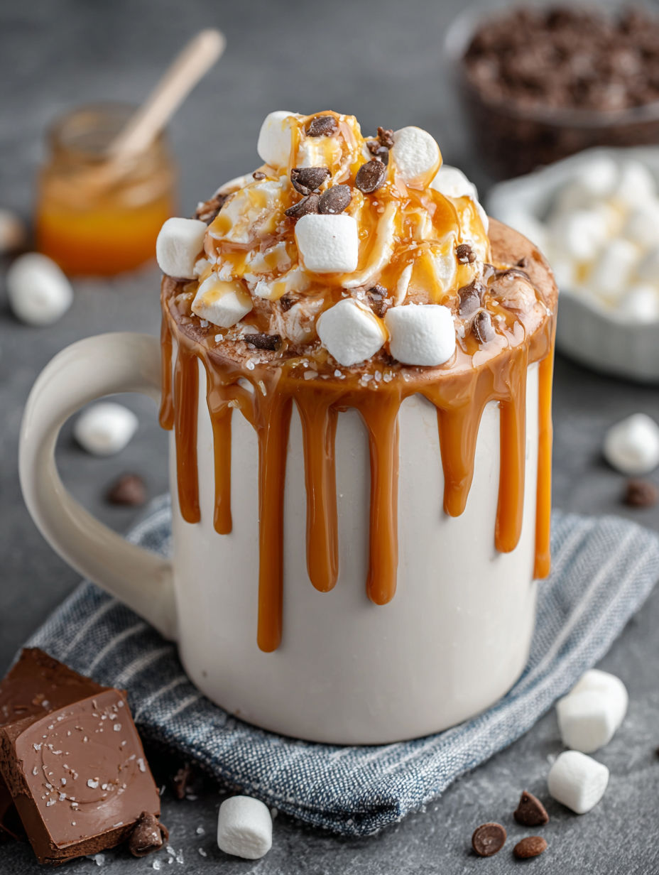 A cup of hot chocolate with marshmallows and caramel drizzle.