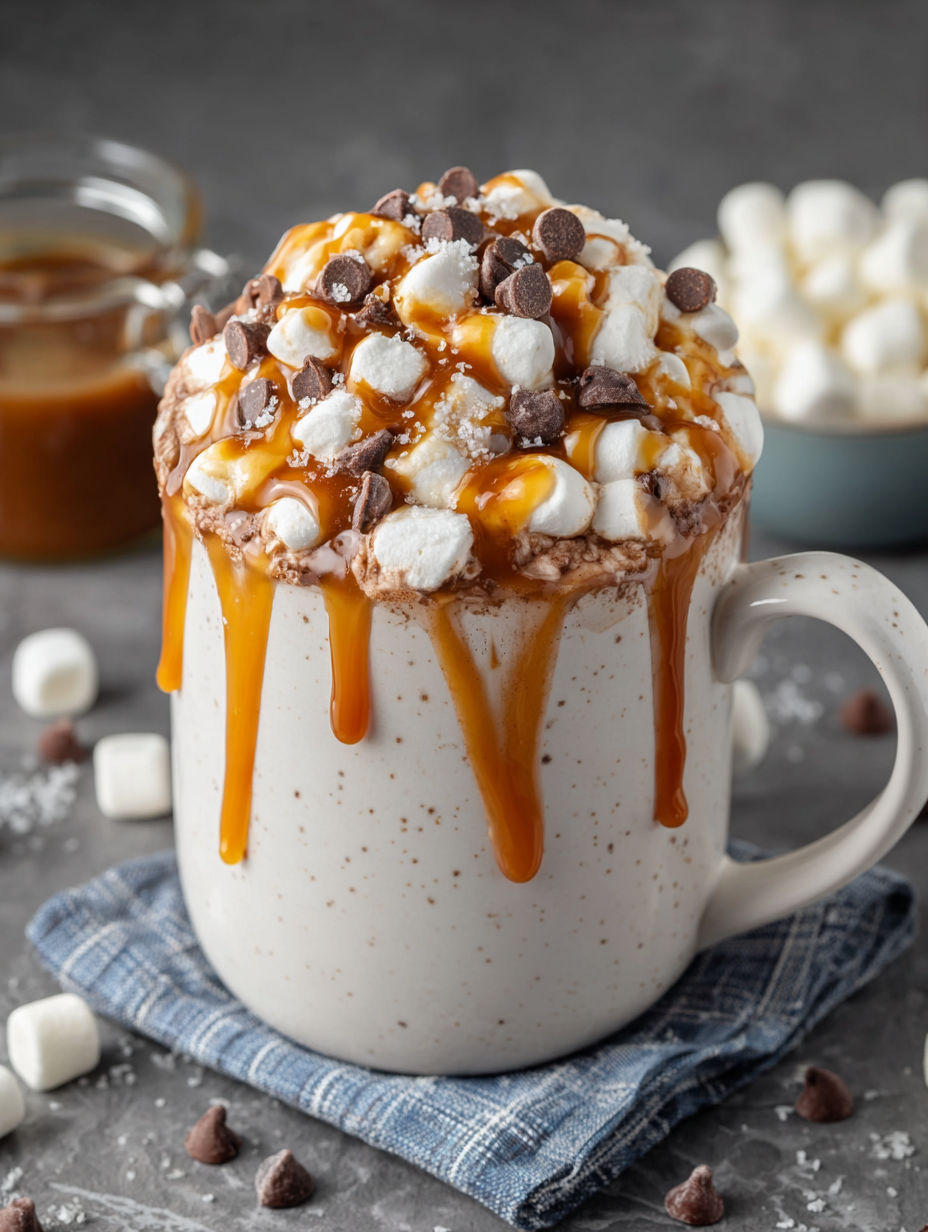 A cup of coffee with marshmallows and caramel drizzle.