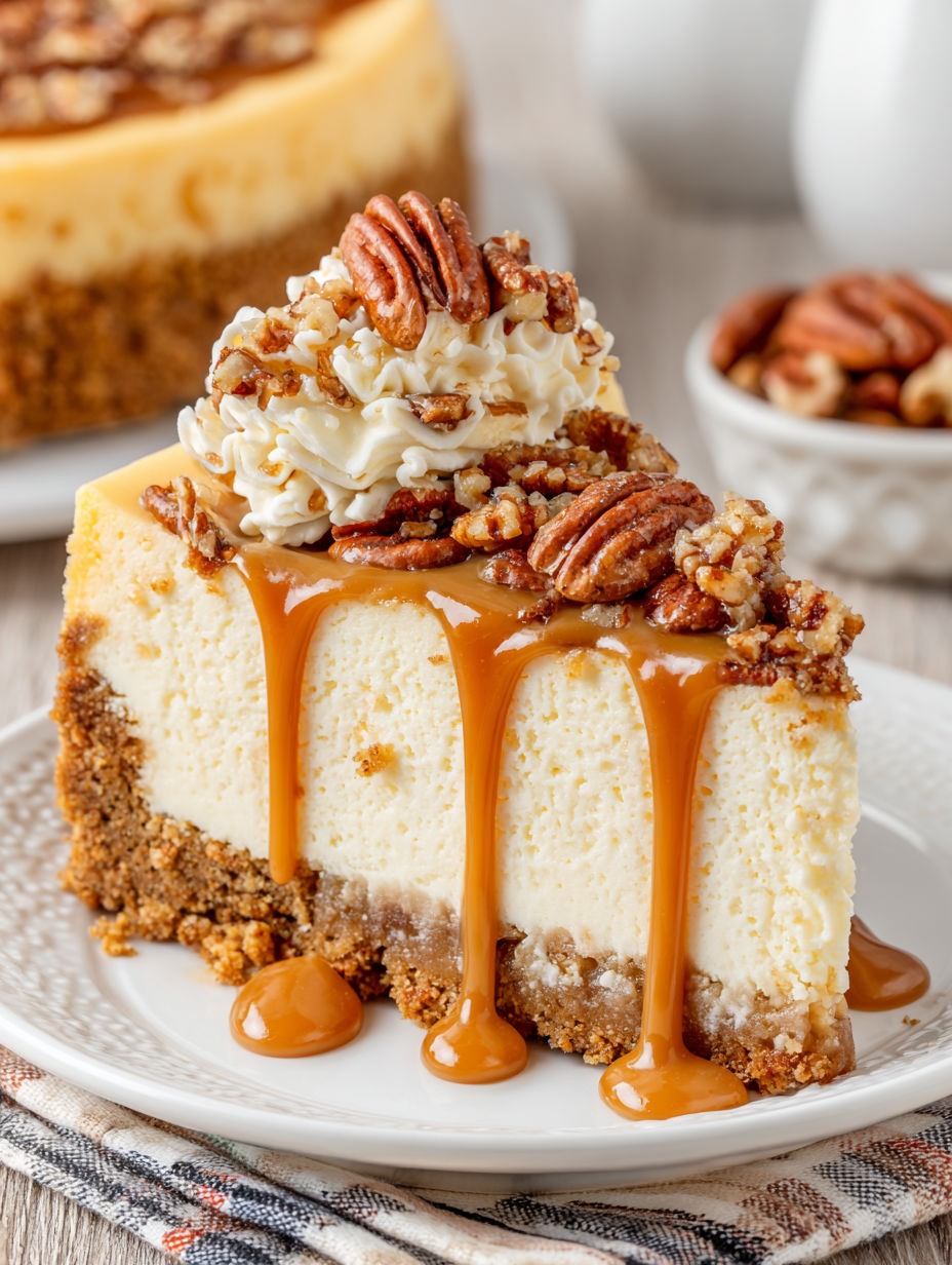 A slice of cheesecake with caramel drizzle.