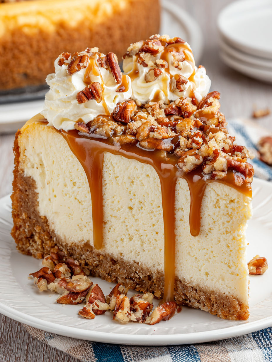 A slice of cheesecake with caramel drizzle.
