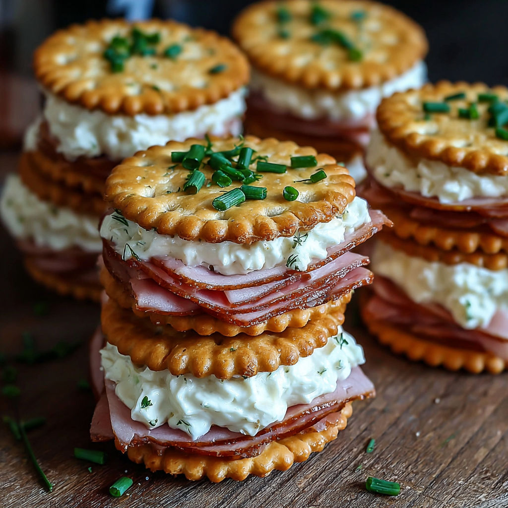 A stack of Ritz Cracker party sandwiches.