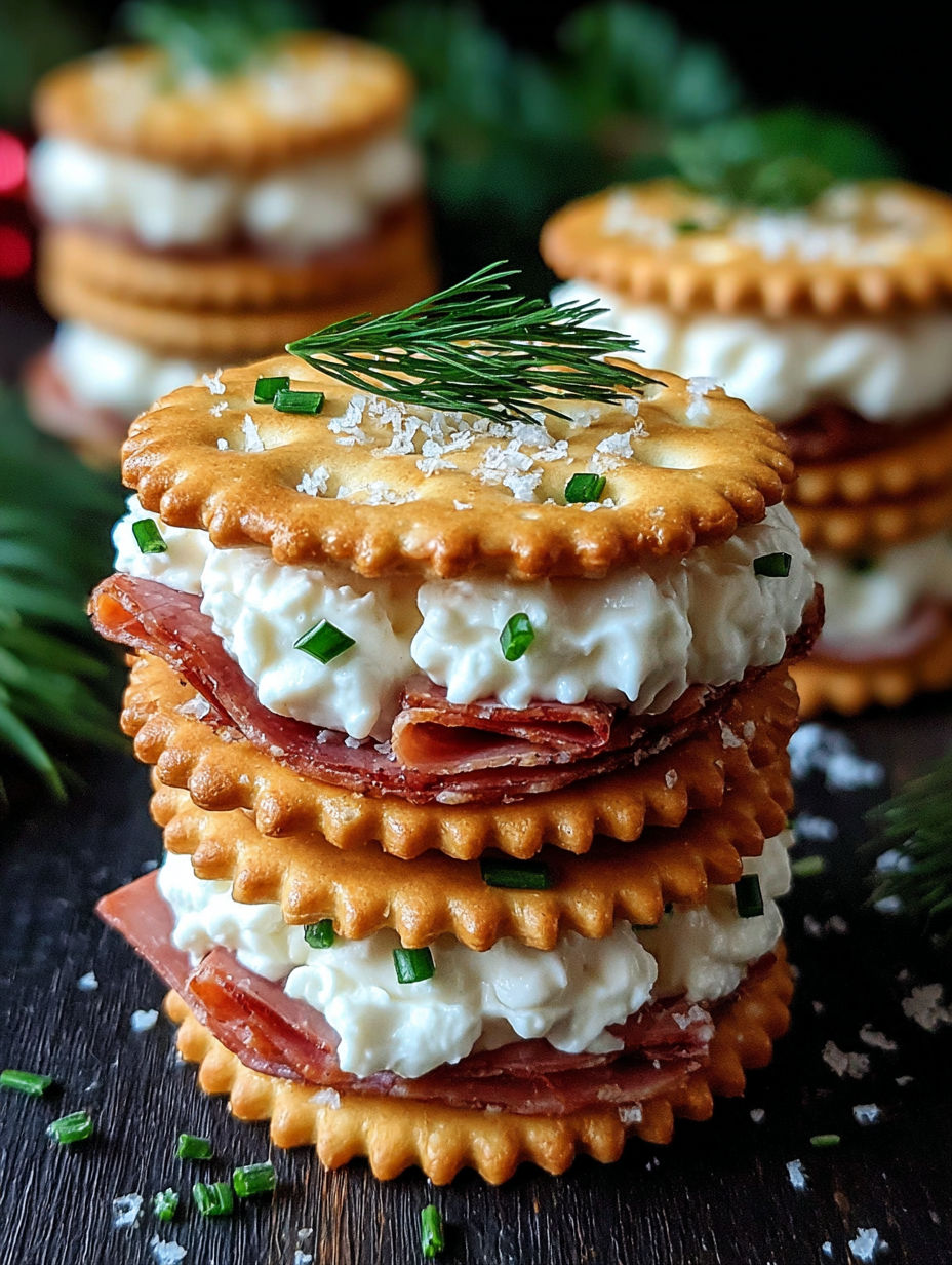 A stack of Ritz Cracker party sandwiches.