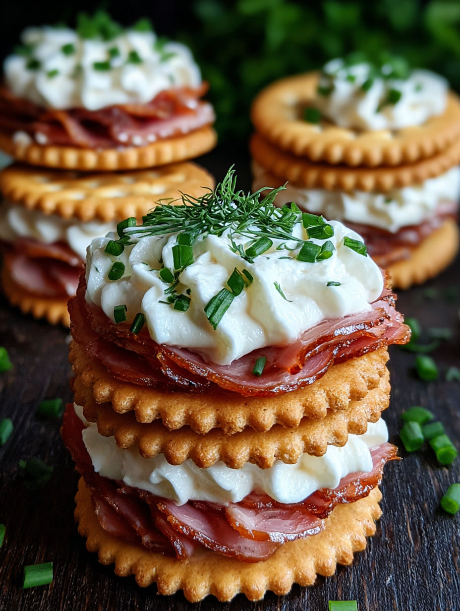 A stack of Ritz Cracker party sandwiches.