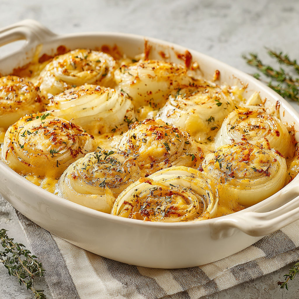A dish of baked onions with cheese.