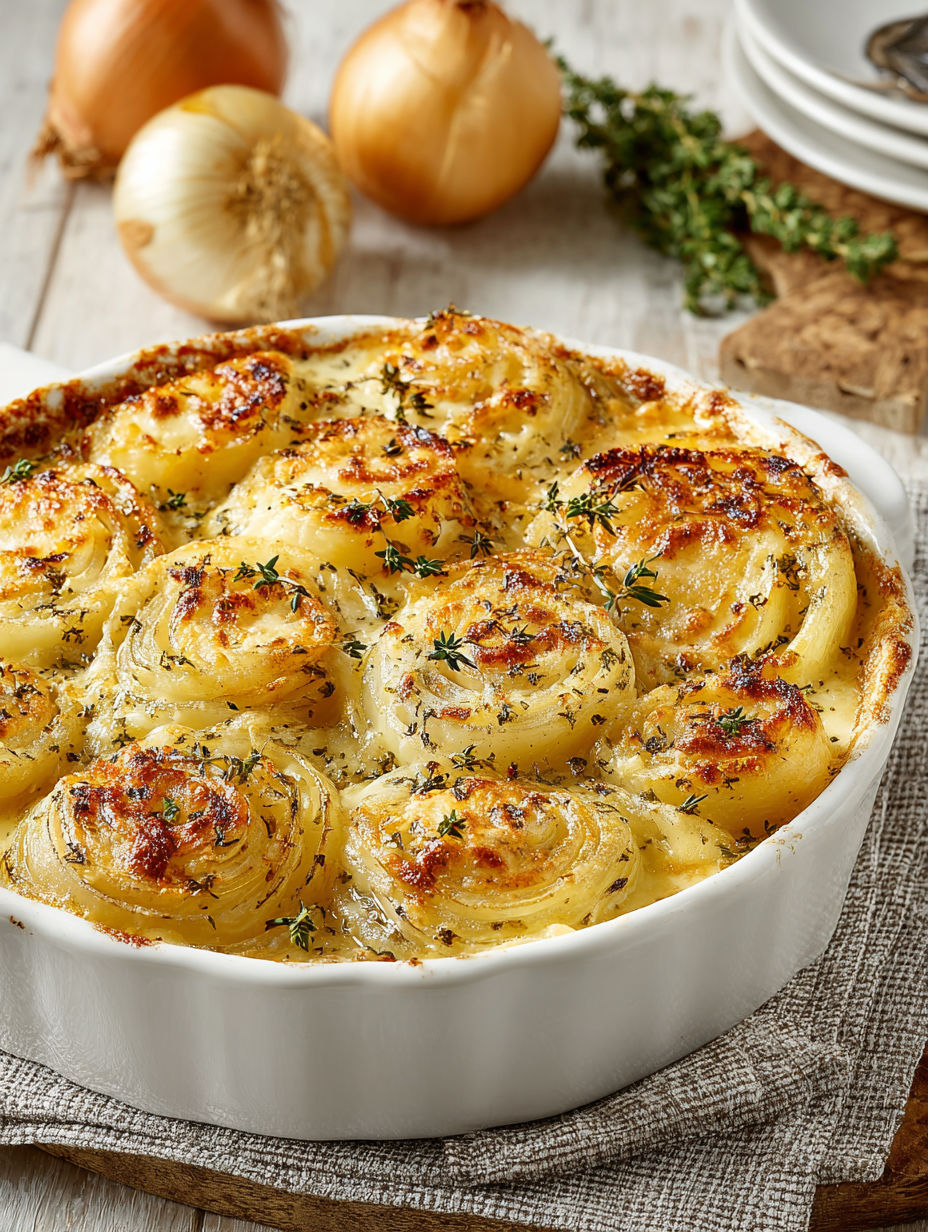 A dish of cheesy baked onion casserole.