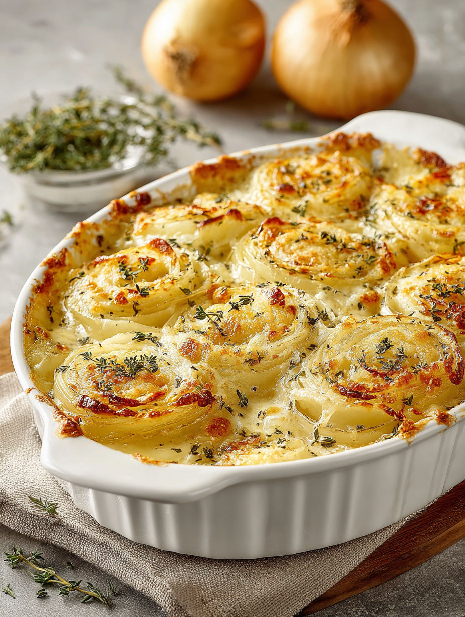 A dish of Tennessee Onions (Cheesy Baked Onion Casserole) is displayed on a table.