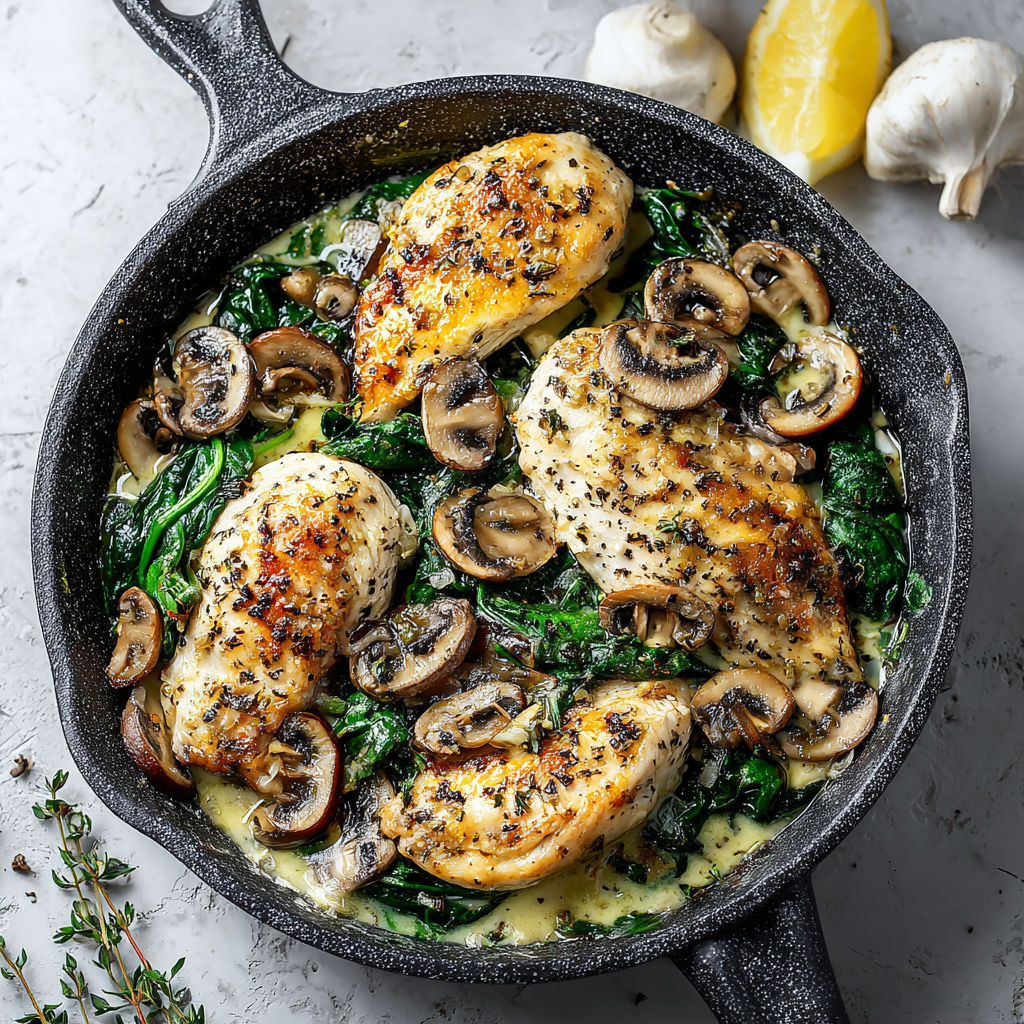A delicious spinach mushroom chicken bake in a black skillet.
