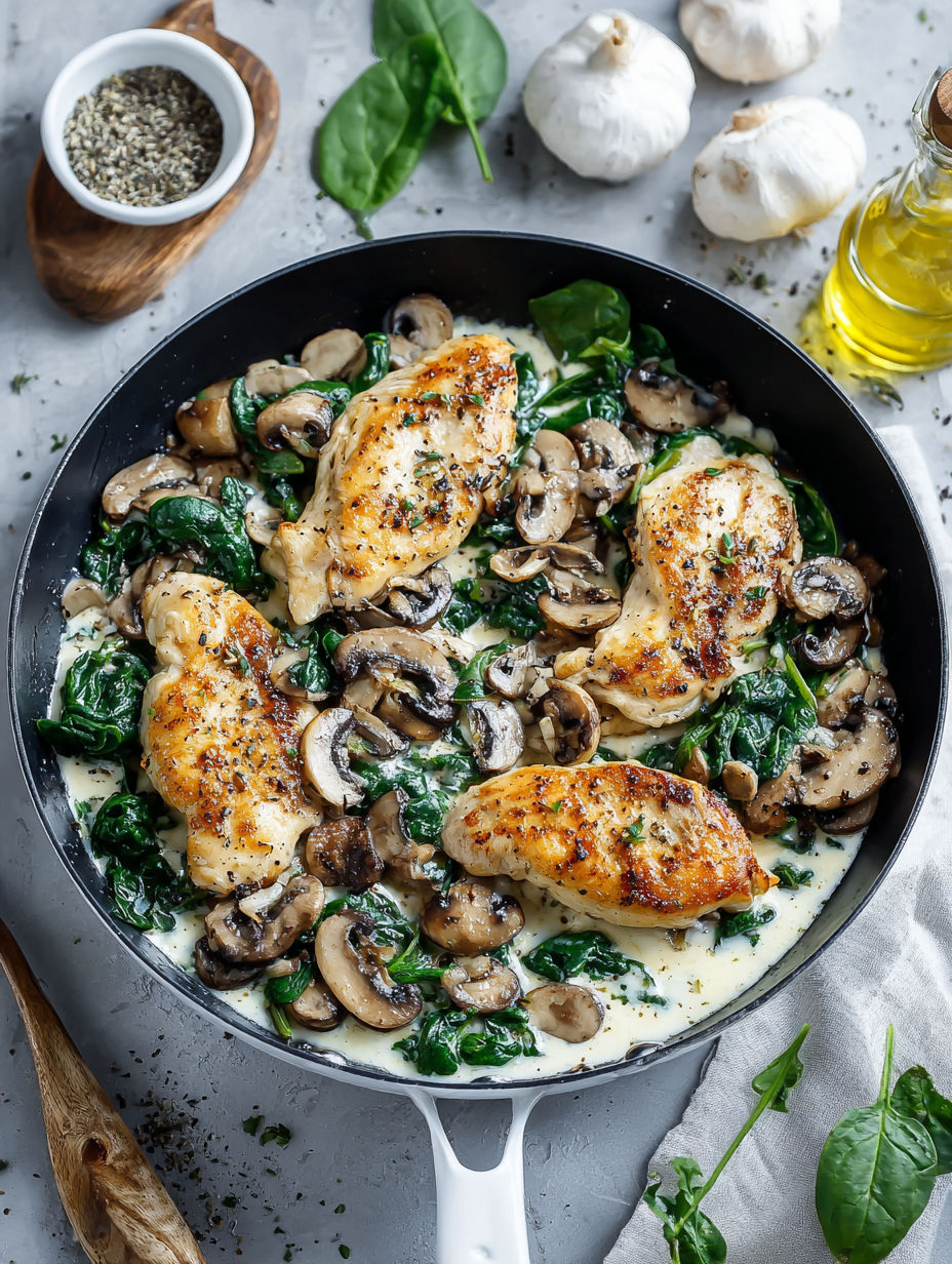 A delicious spinach mushroom chicken bake.