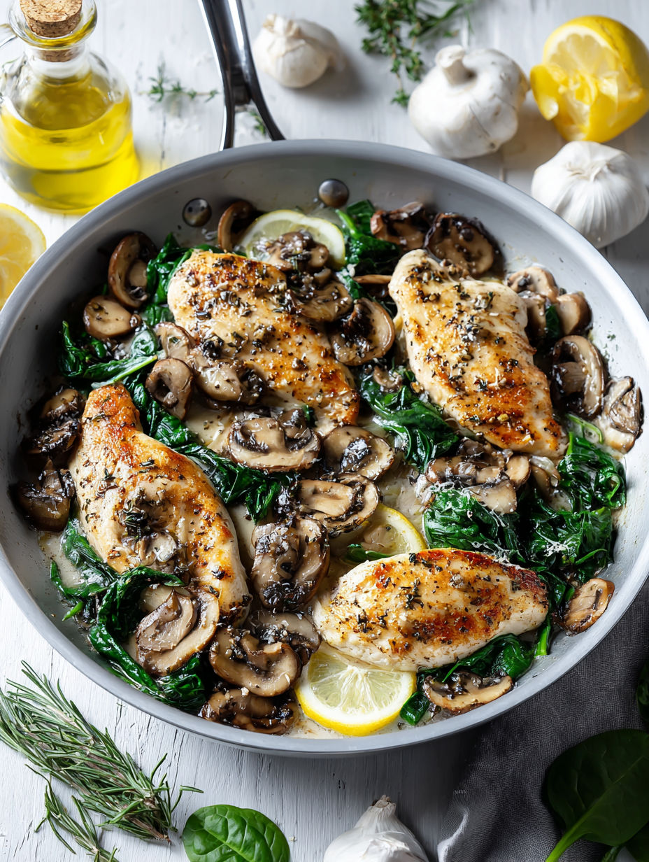 A dish of chicken with mushrooms and spinach.