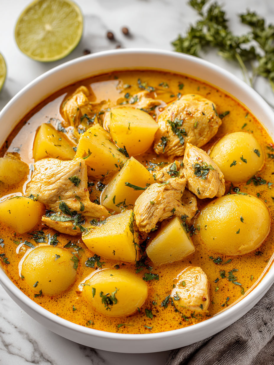 A bowl of chicken and potato stew.