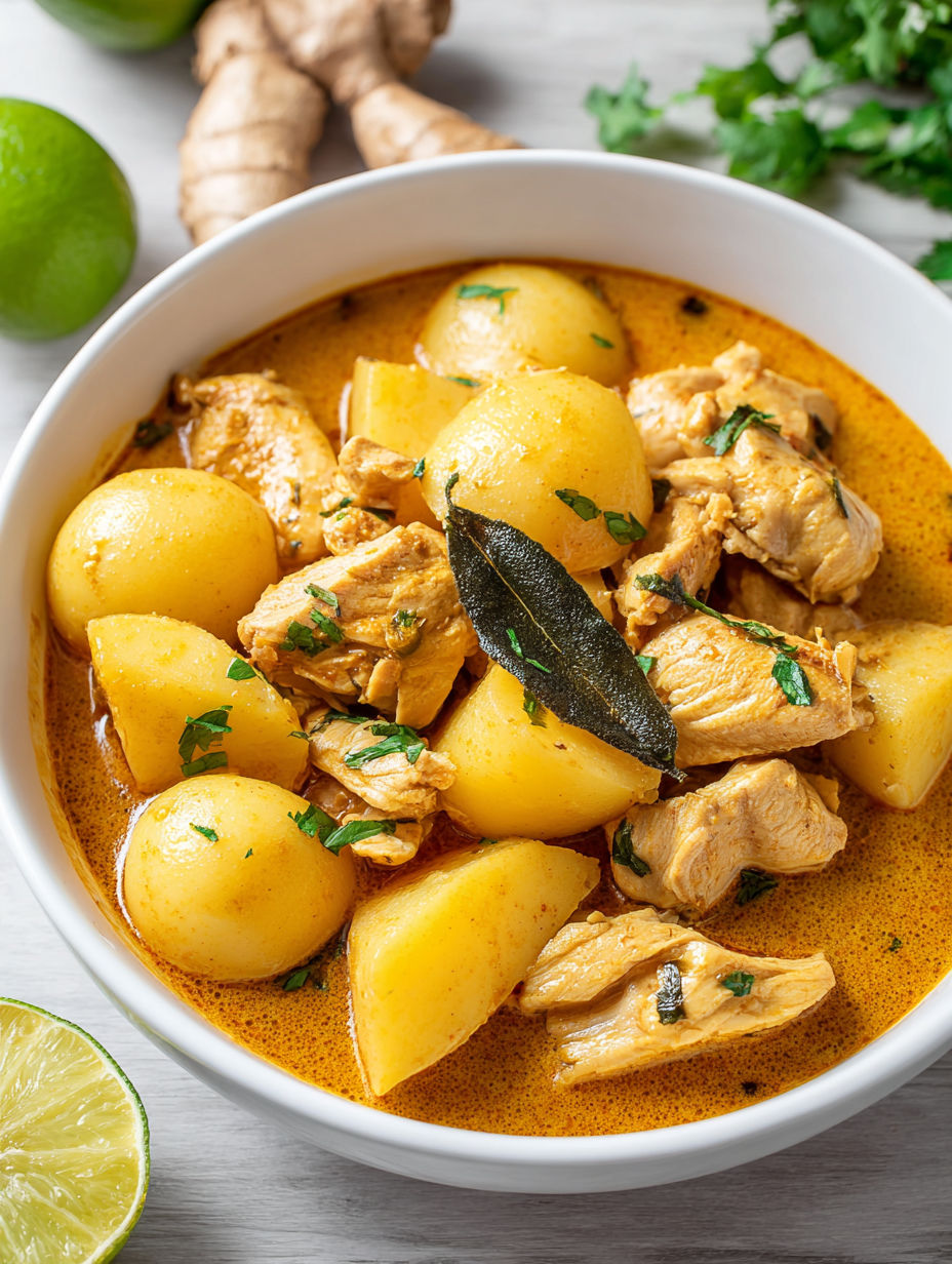A bowl of chicken and potato stew.