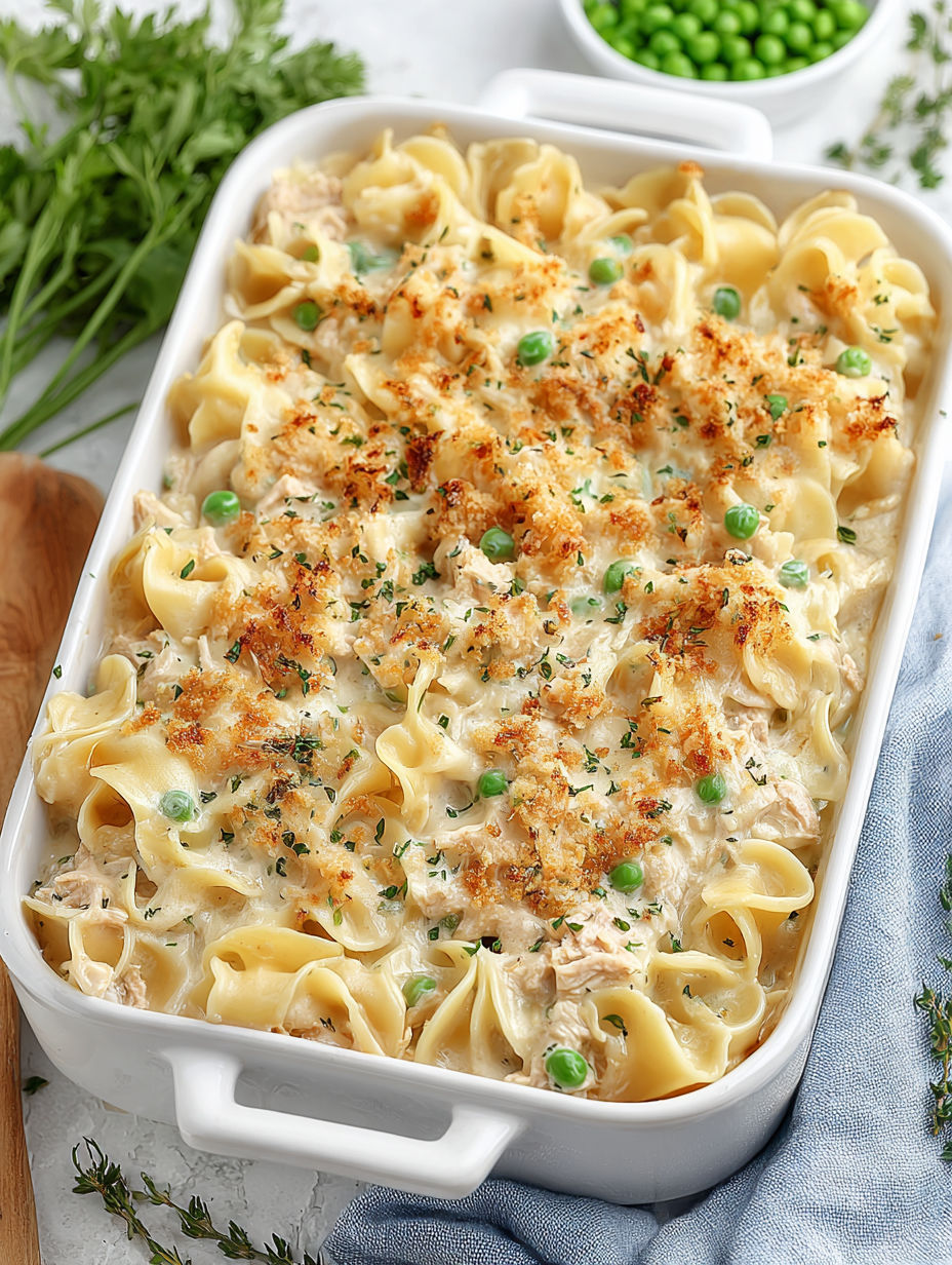 A white dish with a tuna noodle casserole.