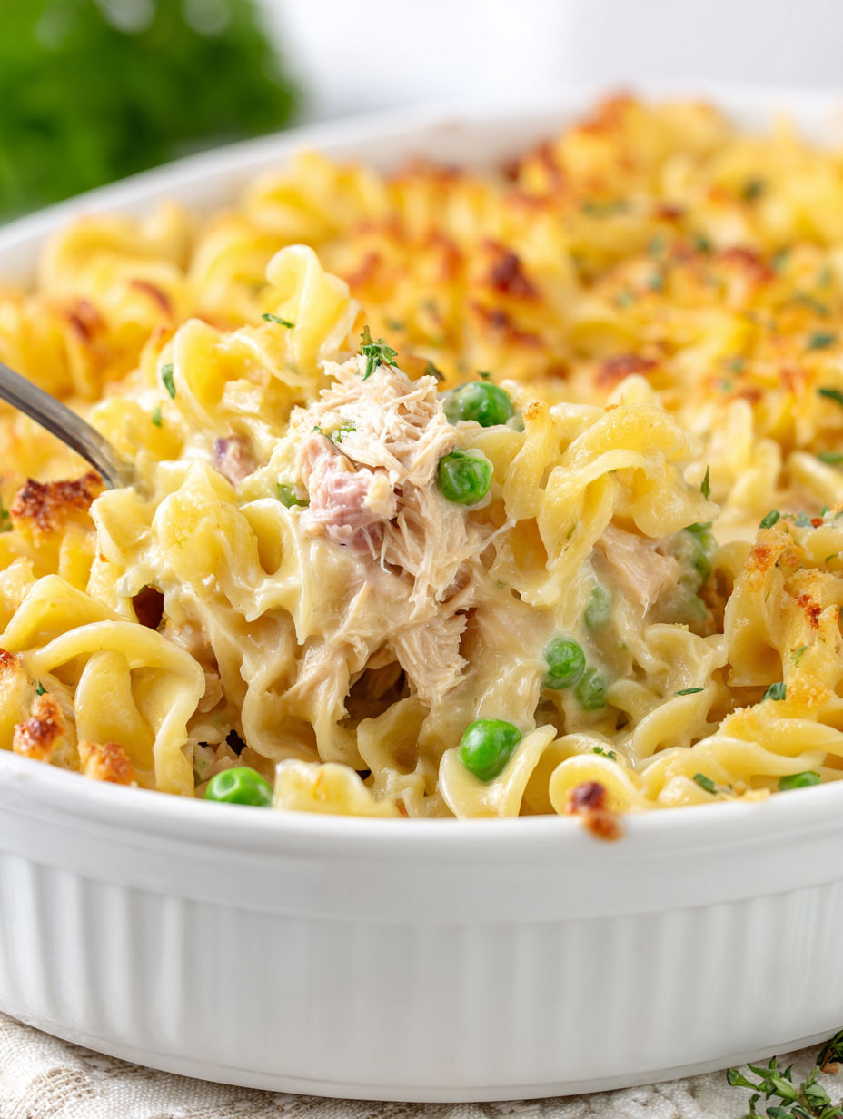 A bowl of pasta with chicken and peas.