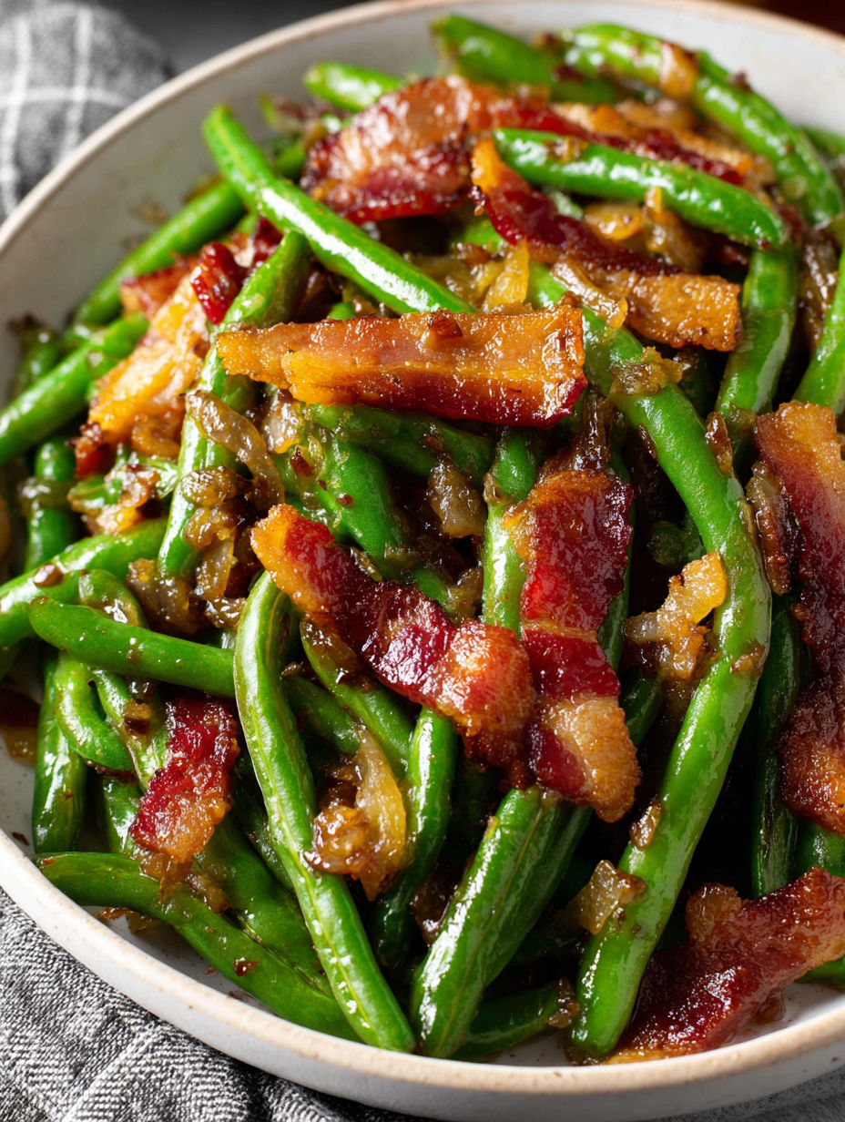 A bowl of green beans with bacon.
