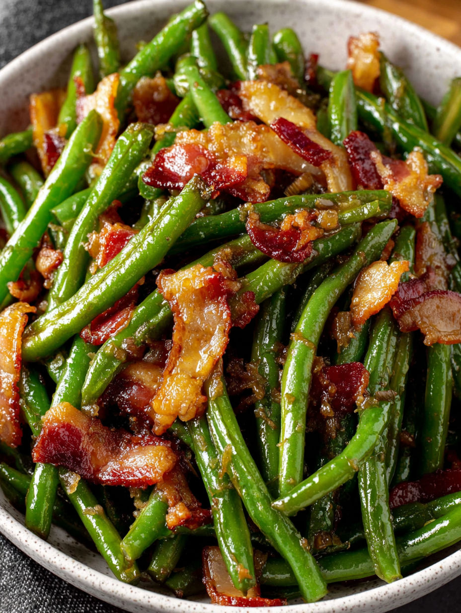 A close up of green beans with bacon.