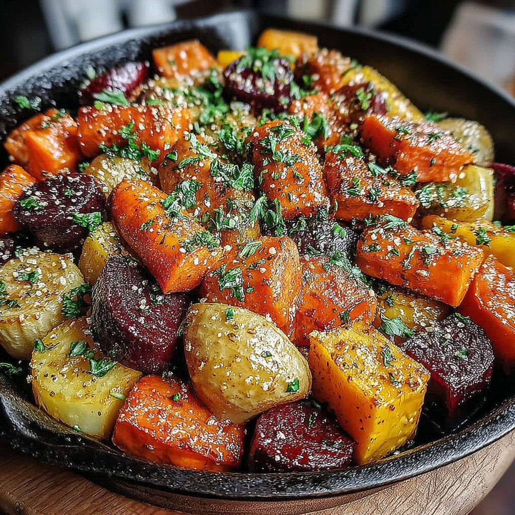 A pan of roasted root vegetables.