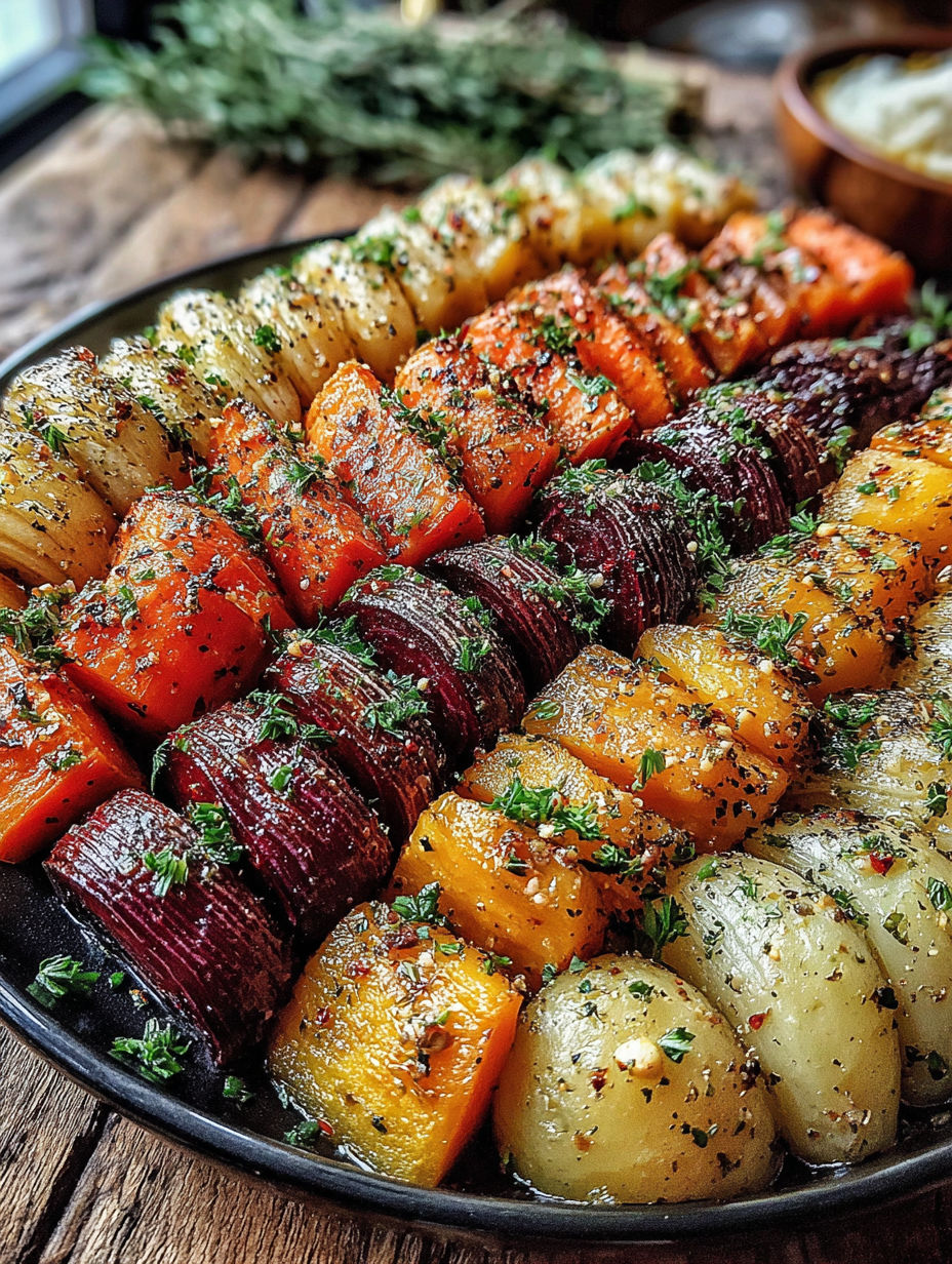 A plate of roasted vegetables.