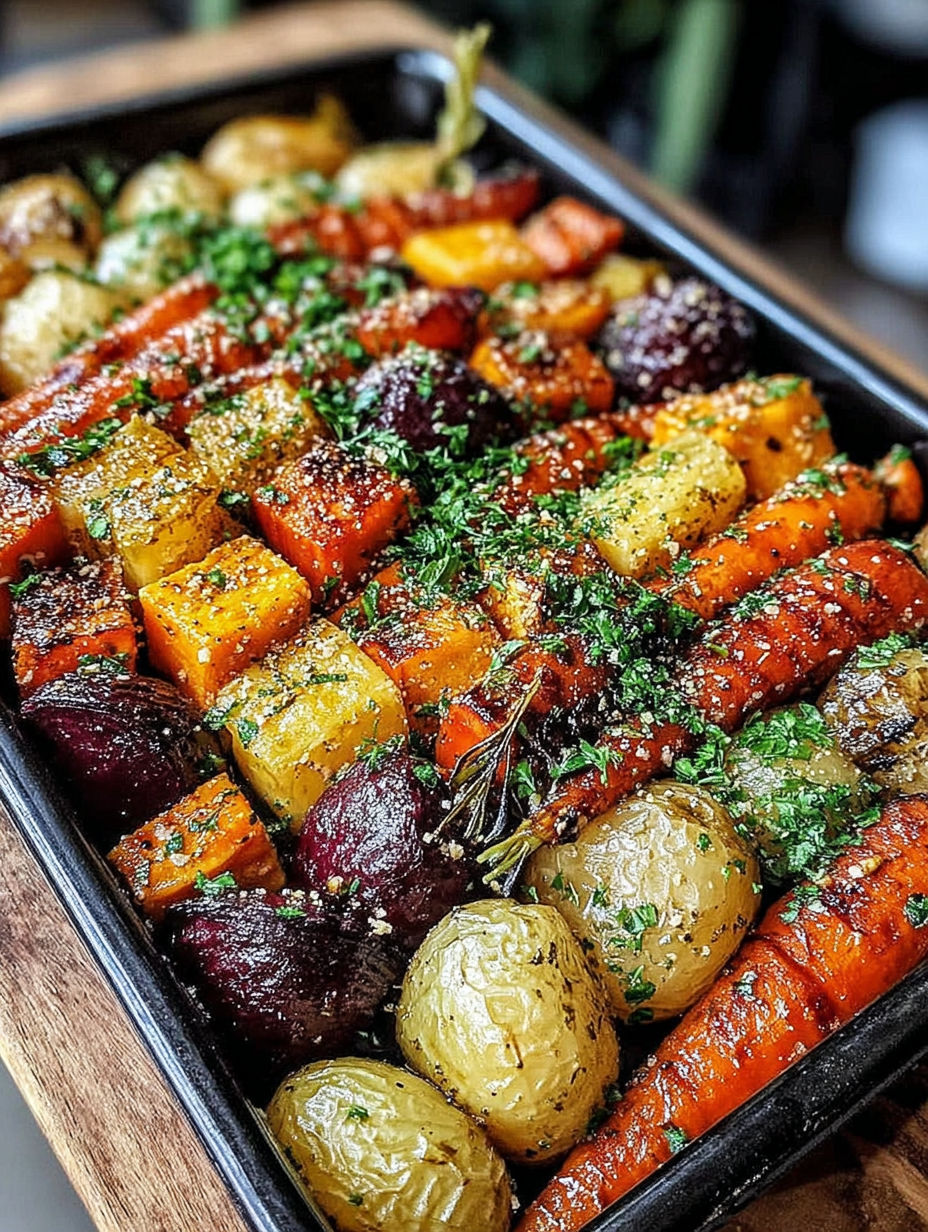 A dish of roasted vegetables including carrots, potatoes, and beets.