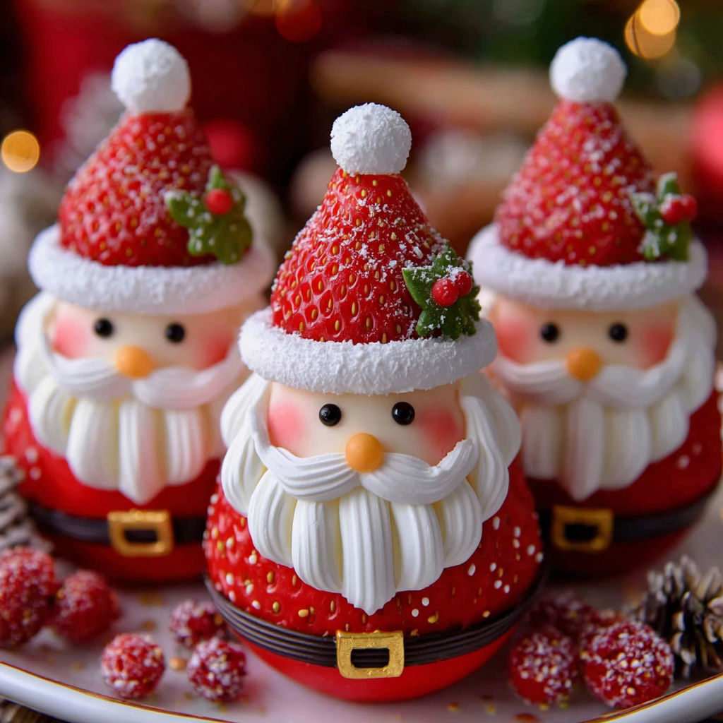Three Christmas strawberry Santas on a plate.