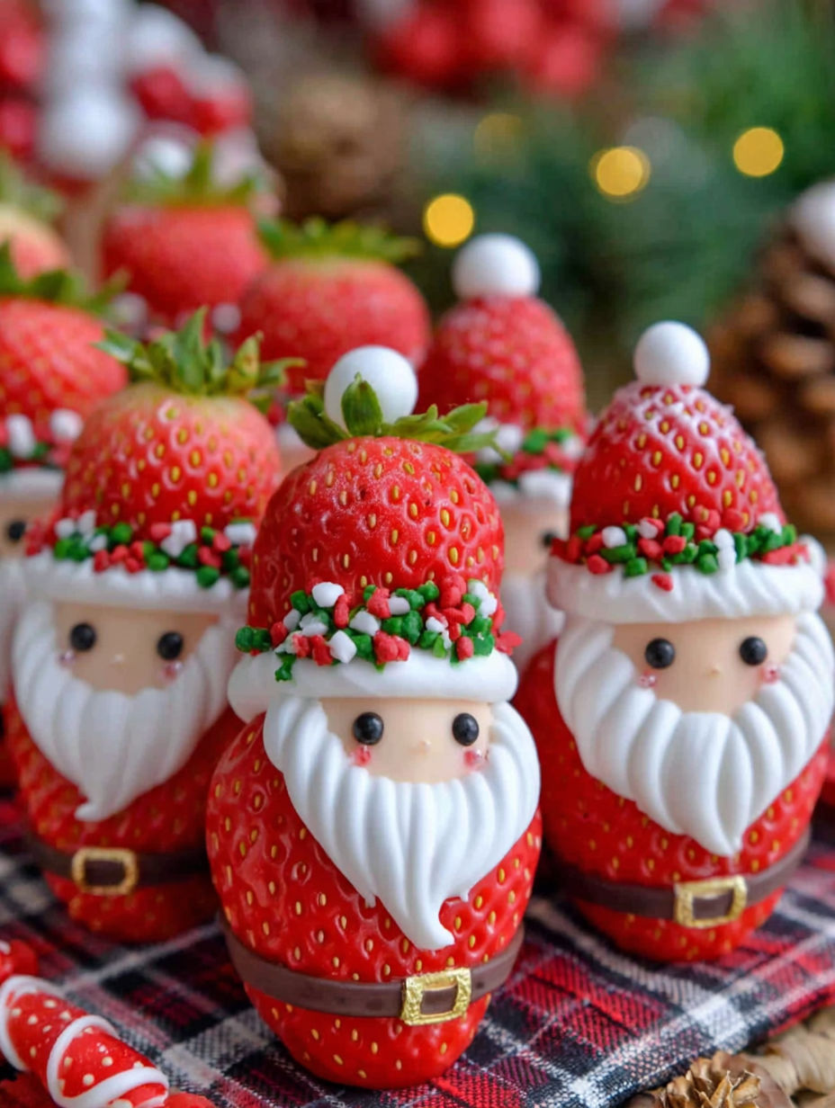 A group of Christmas strawberry santas.