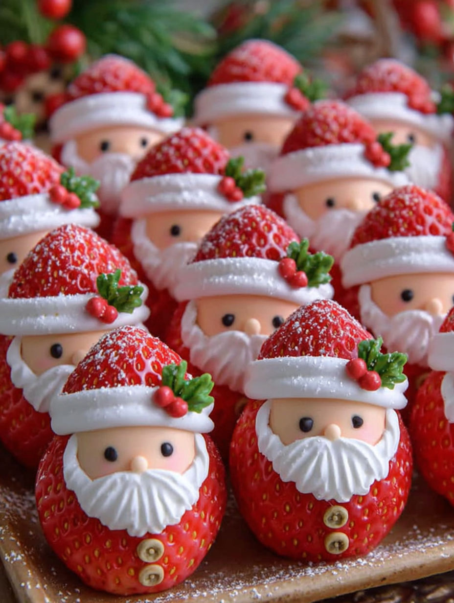 A group of Christmas strawberry Santas.