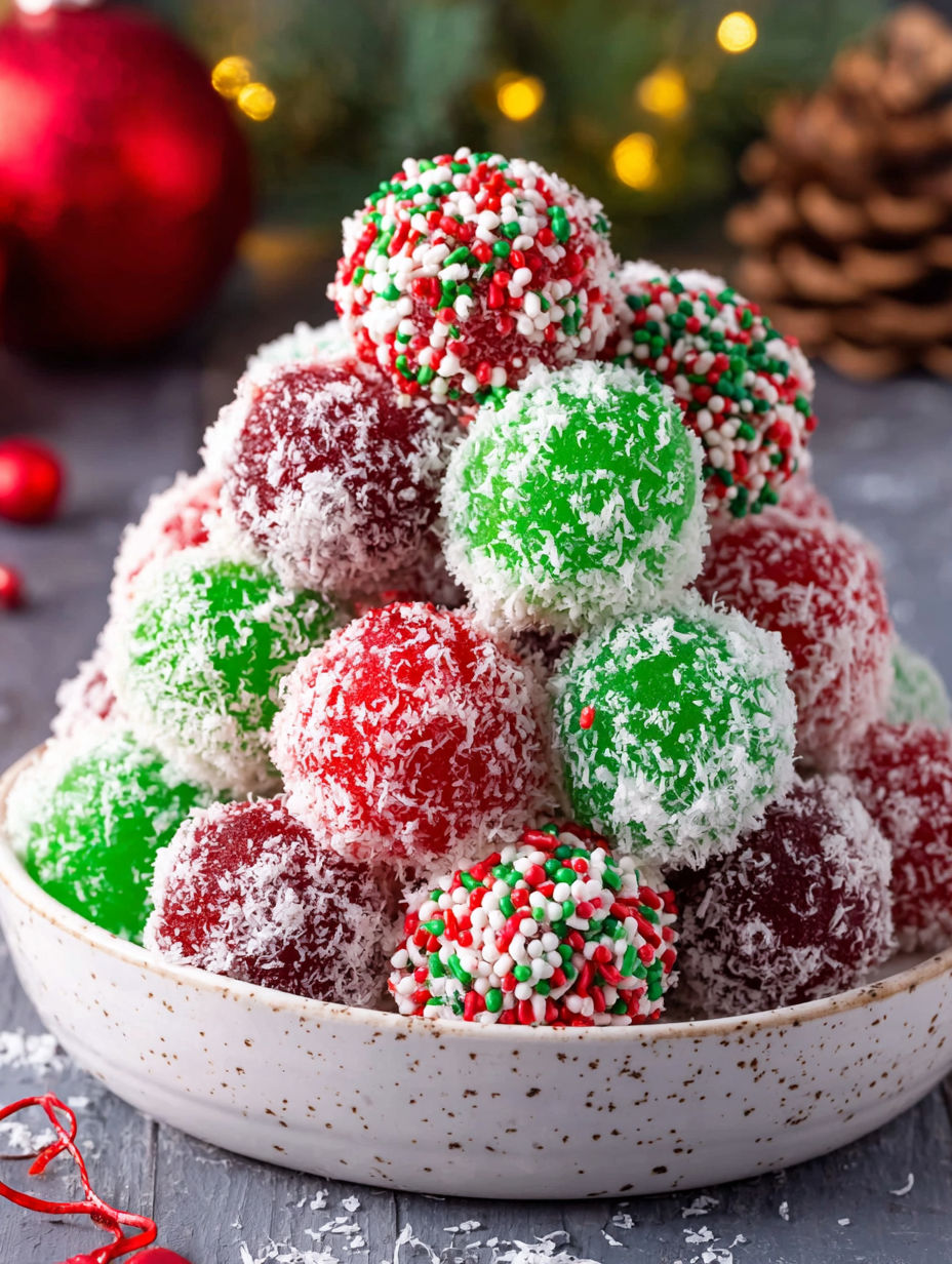 A bowl of Christmas Jello Balls.