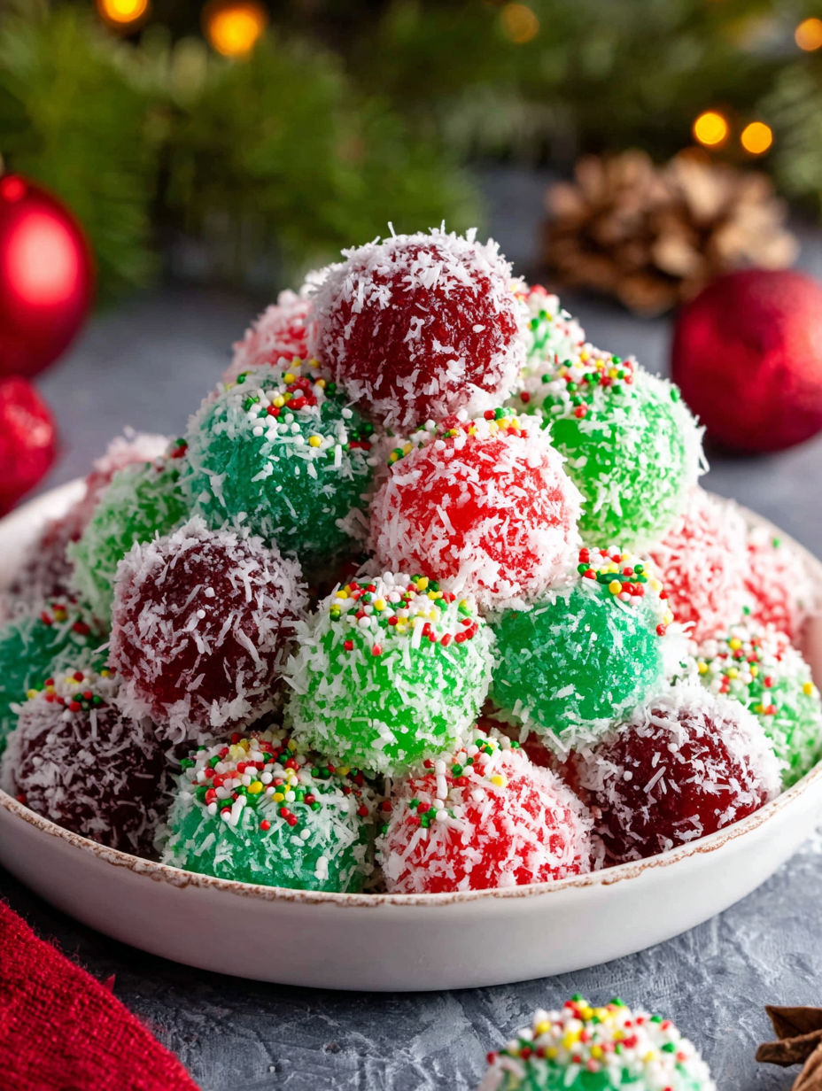 A plate of Christmas Jello Balls.