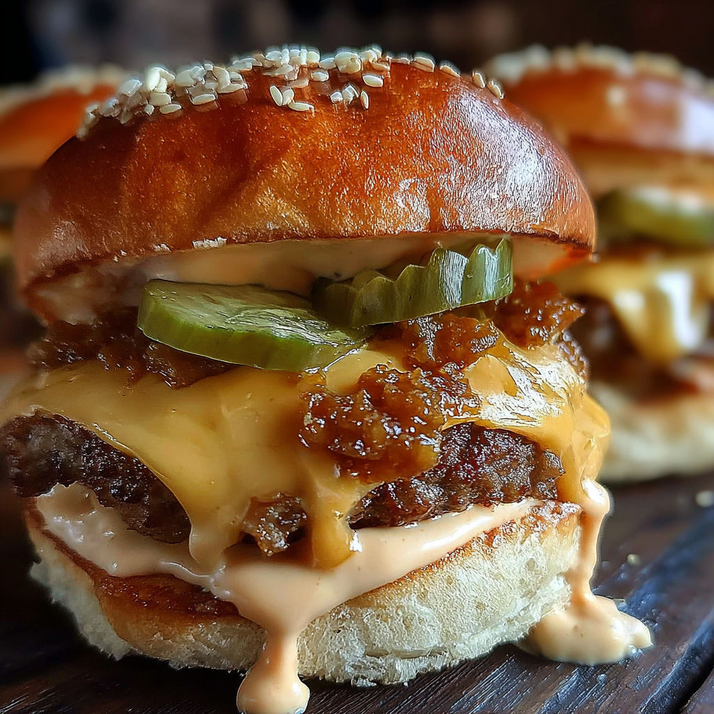 A close up of a burger with cheese and pickles.