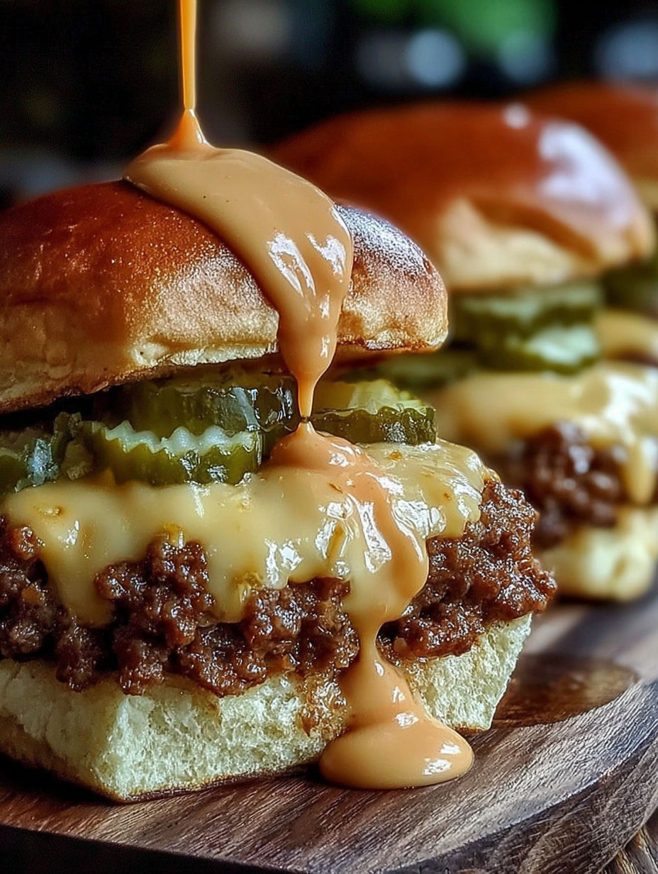 Two homemade burgers with pickles and cheese.