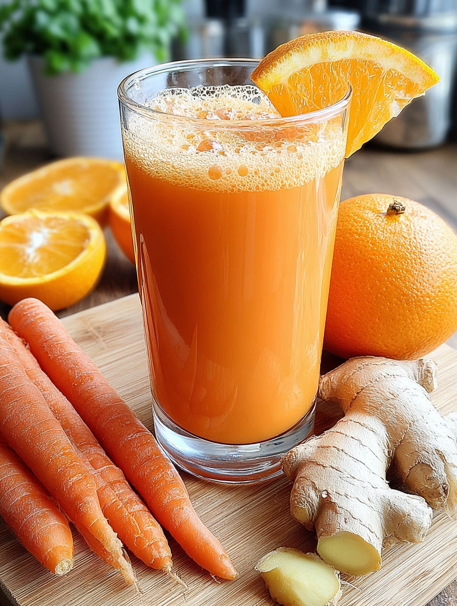A glass of carrot juice with orange and ginger slices.