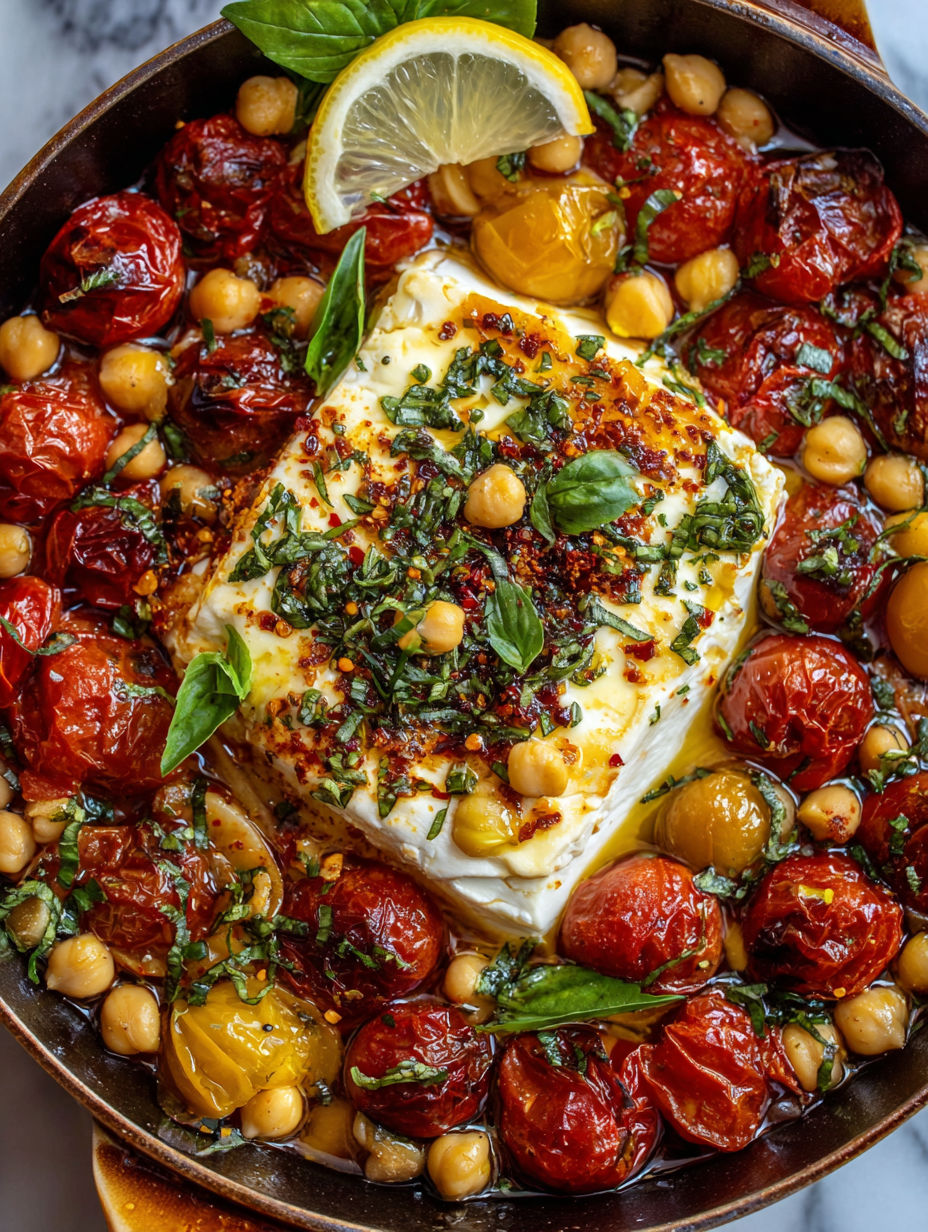 A dish of baked feta chickpeas and tomatoes.