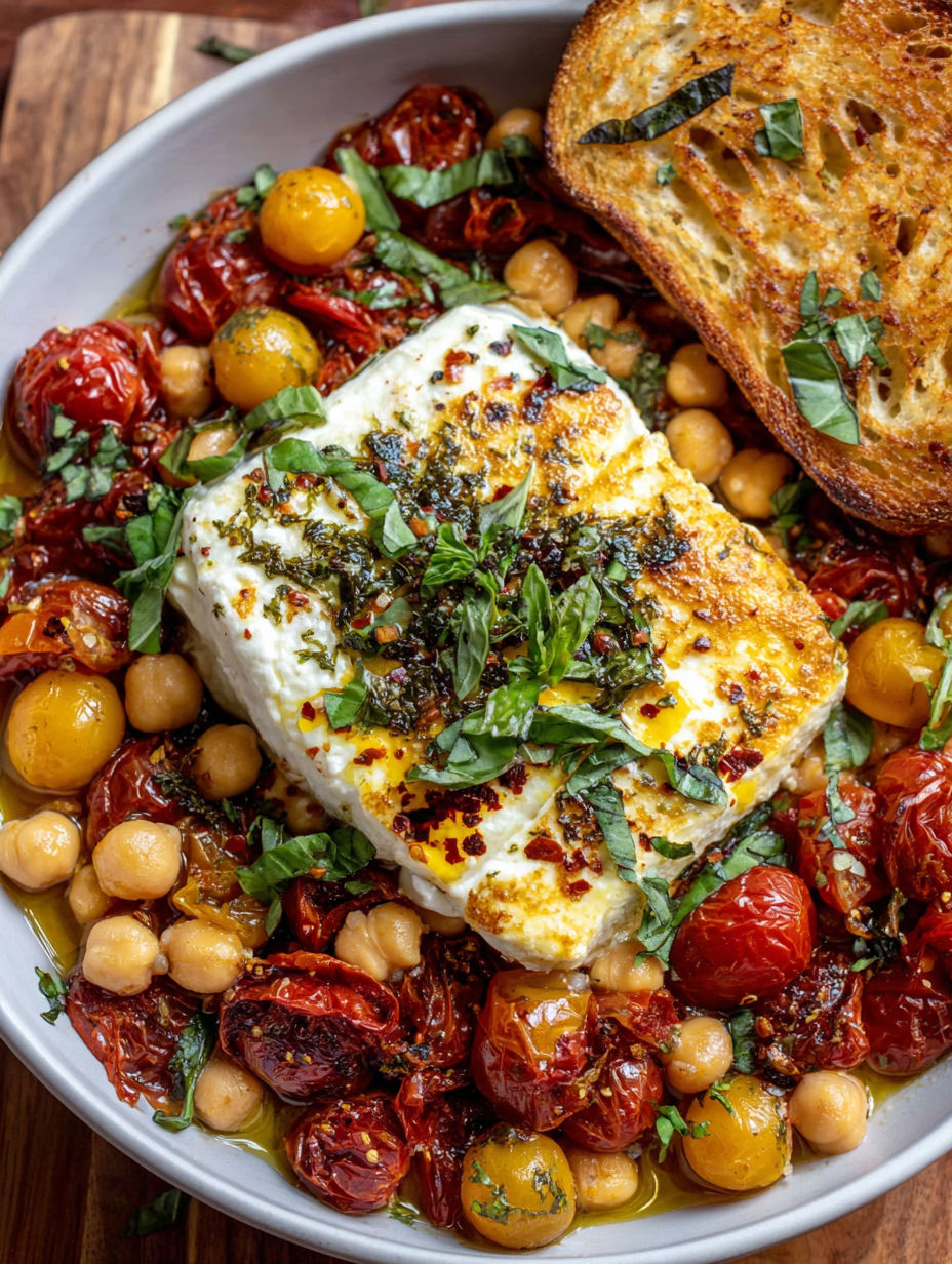 A plate of food with tomatoes, chickpeas, and feta cheese.
