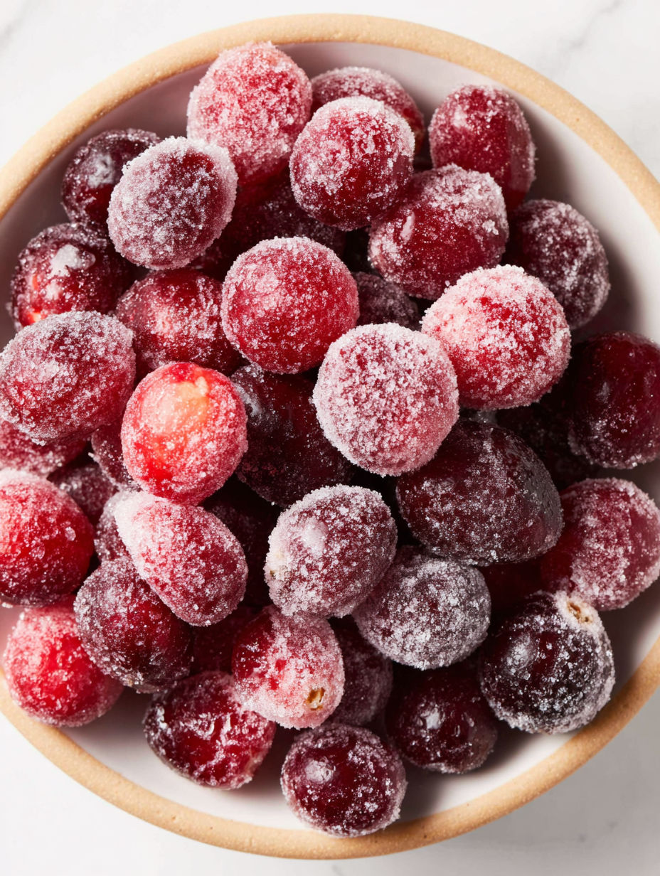 A bowl of frozen cranberries.