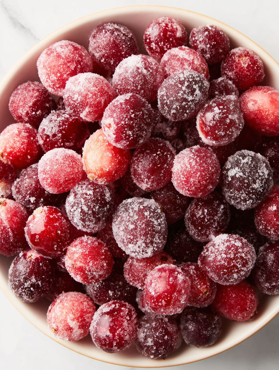 A bowl of cranberries covered in sugar.
