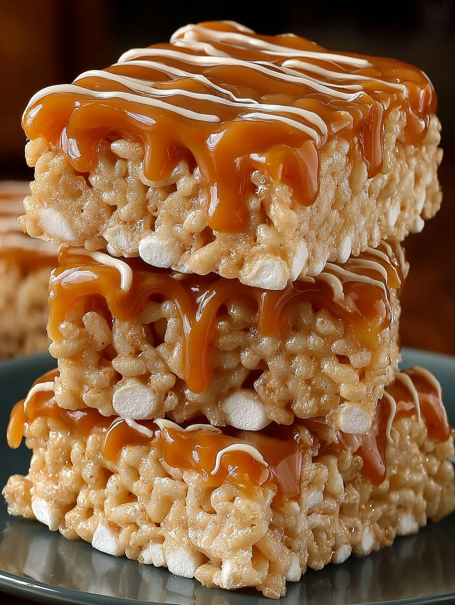 Three stacks of rice krispies with caramel drizzled on top.