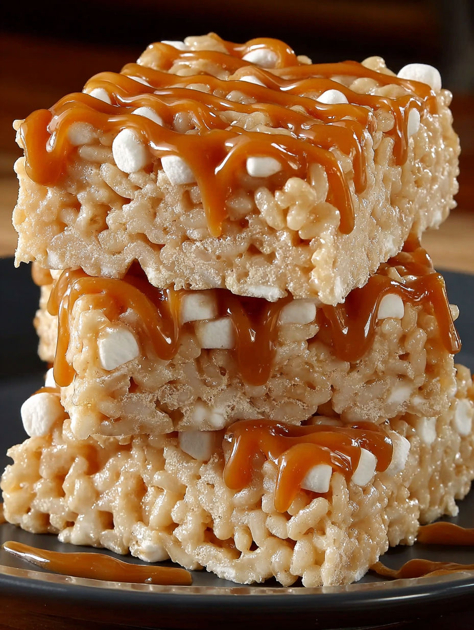 Three stacked rice krispie treats with caramel sauce.