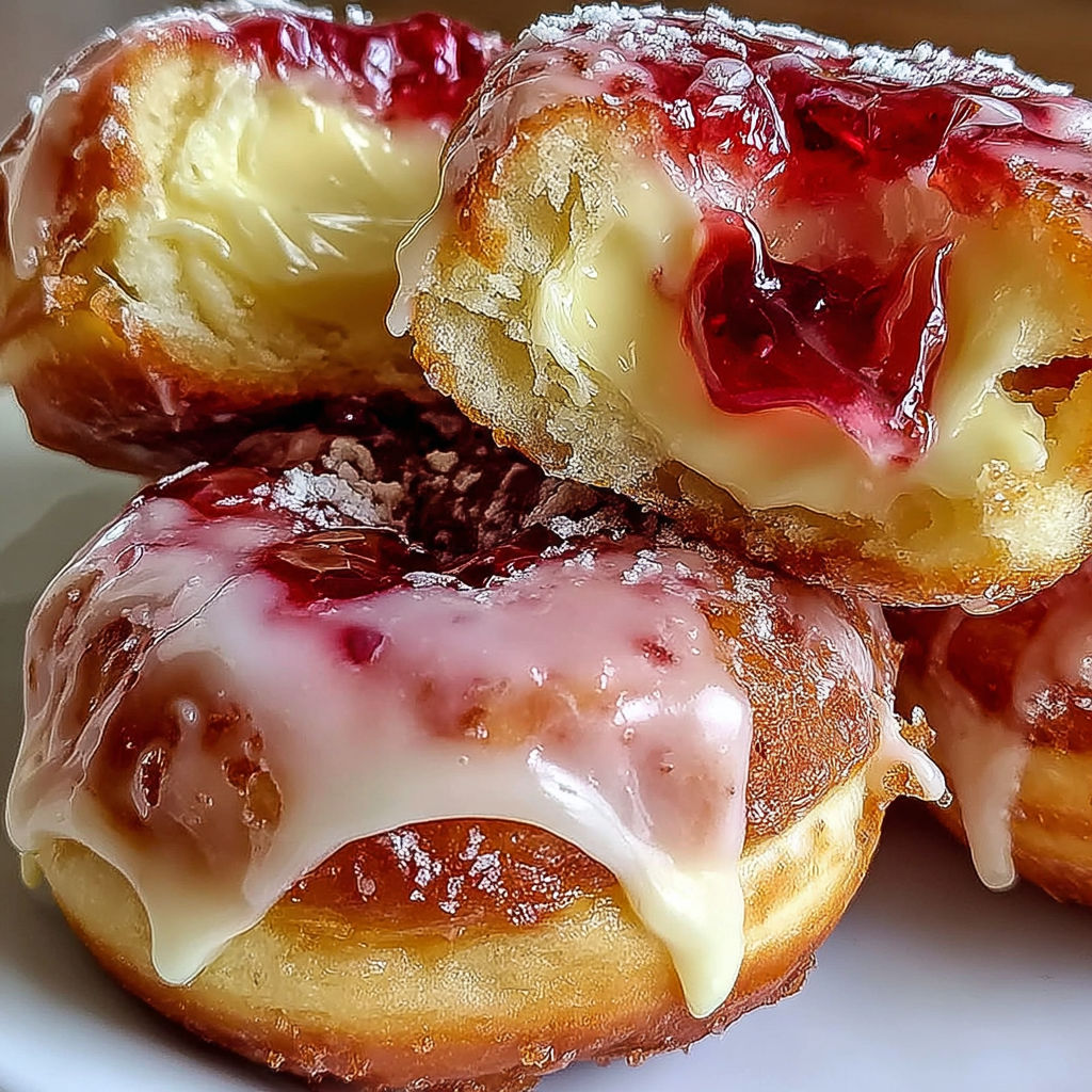 Three donuts with strawberry cheesecake filling.