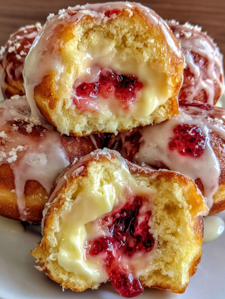 A plate of donuts with strawberry cheesecake filling.