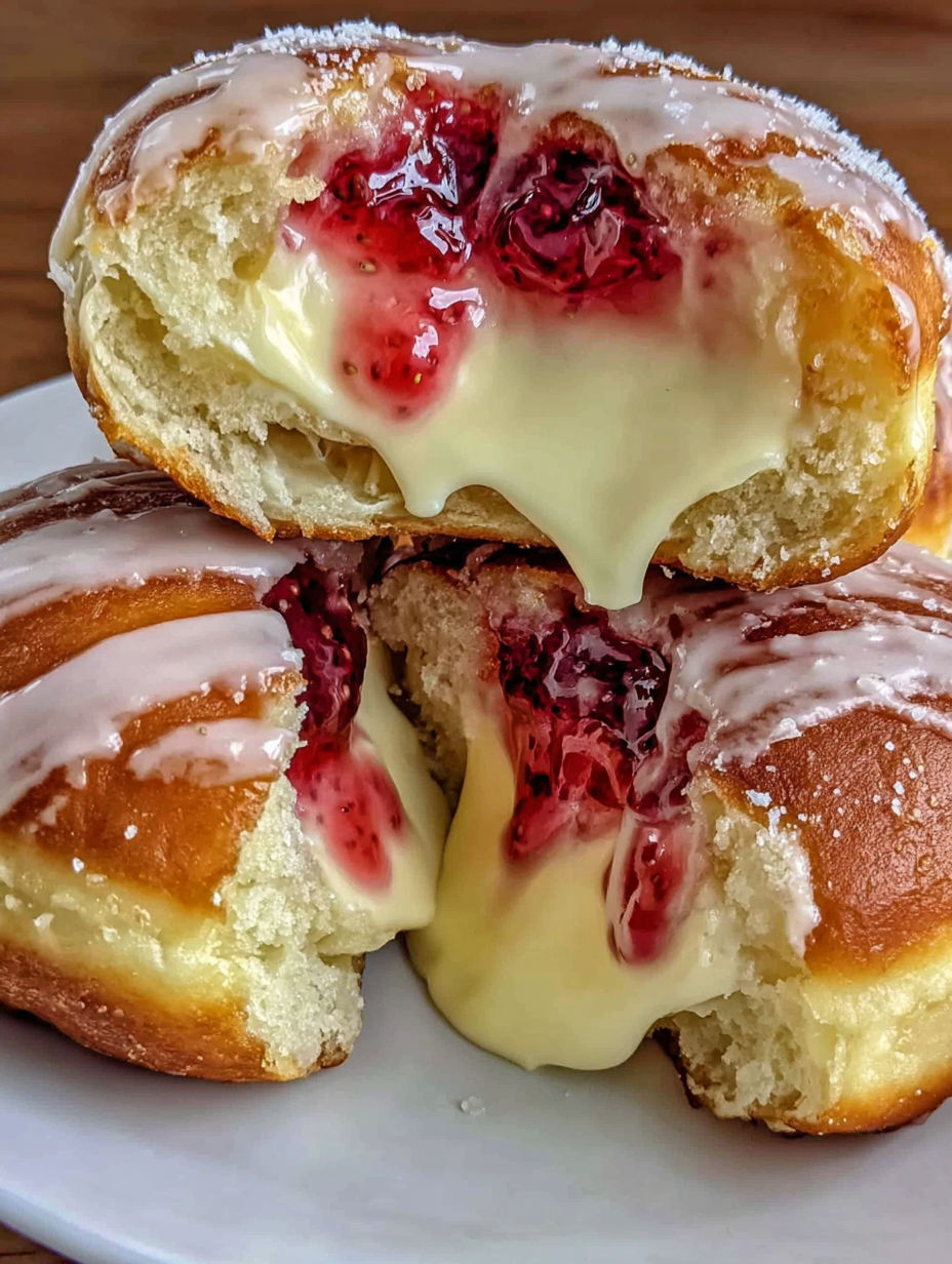 A stack of donuts with strawberry cheesecake filling.