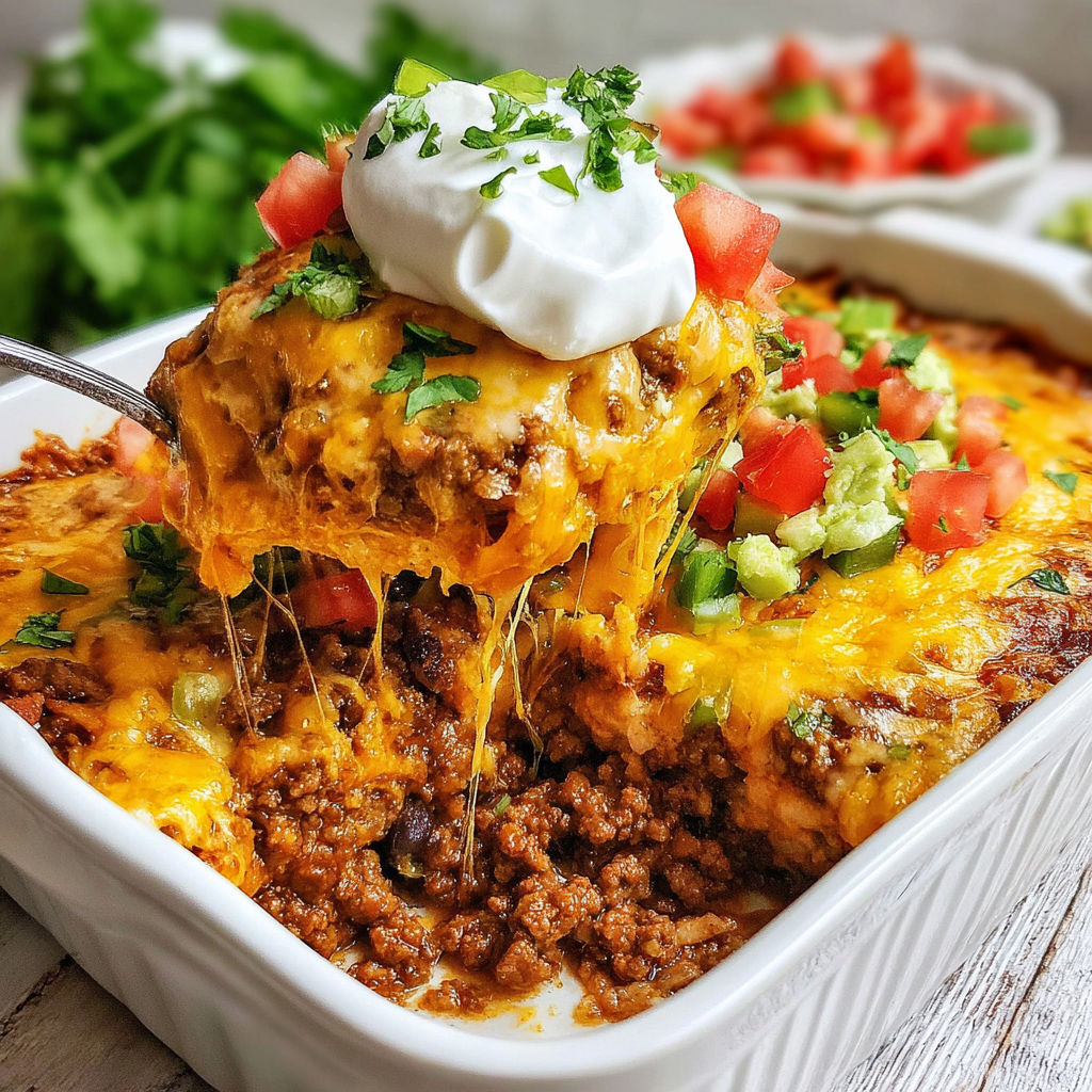 A white bowl filled with a delicious taco casserole.